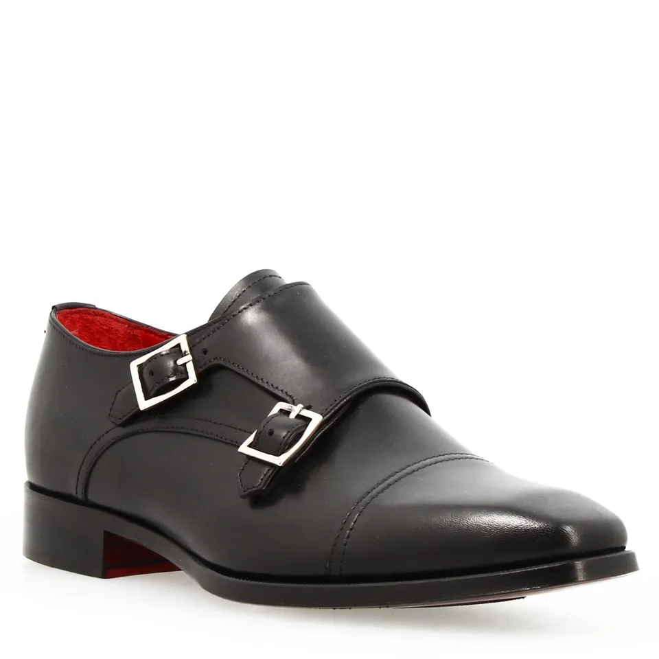 Leonardo Shoes Achille Nero Doppia Fibbia Pelle da Cerimonia Uomo