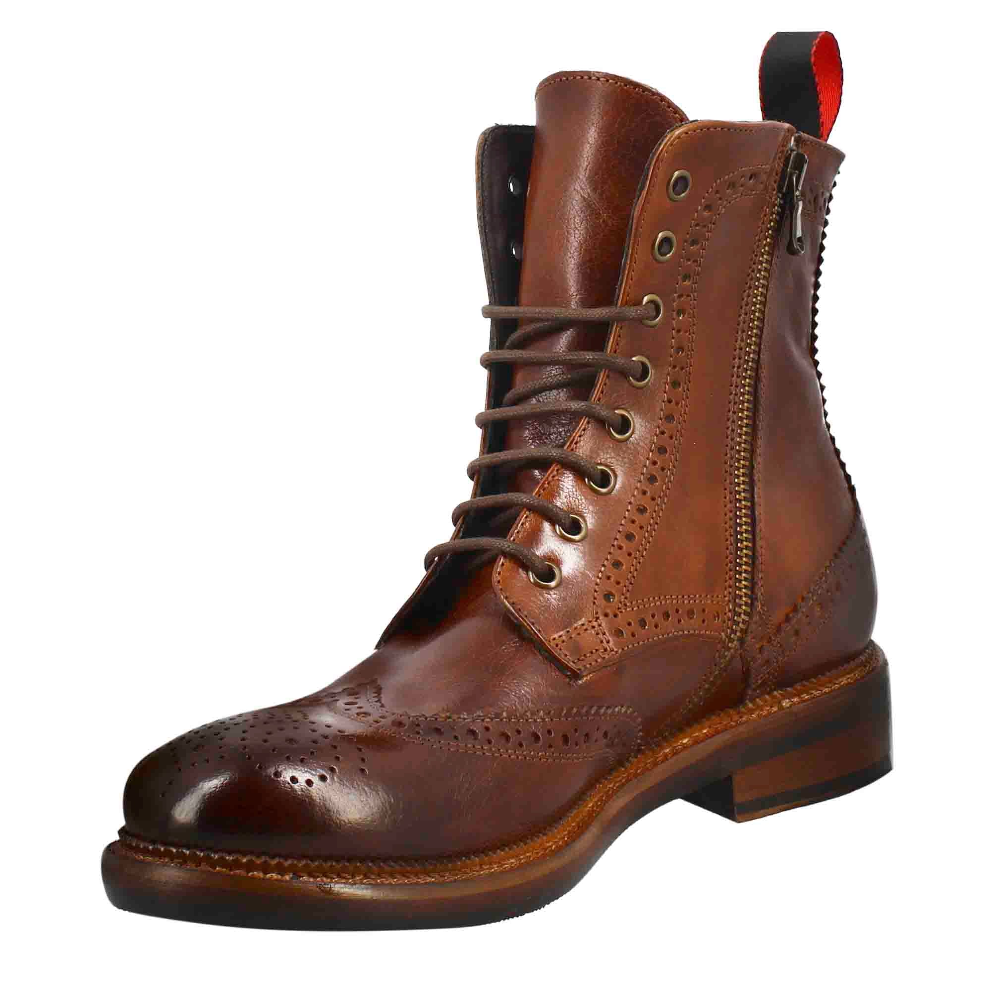 Leonardo Shoes Stivaletti Uomo anfibi brogue cuoio scuro