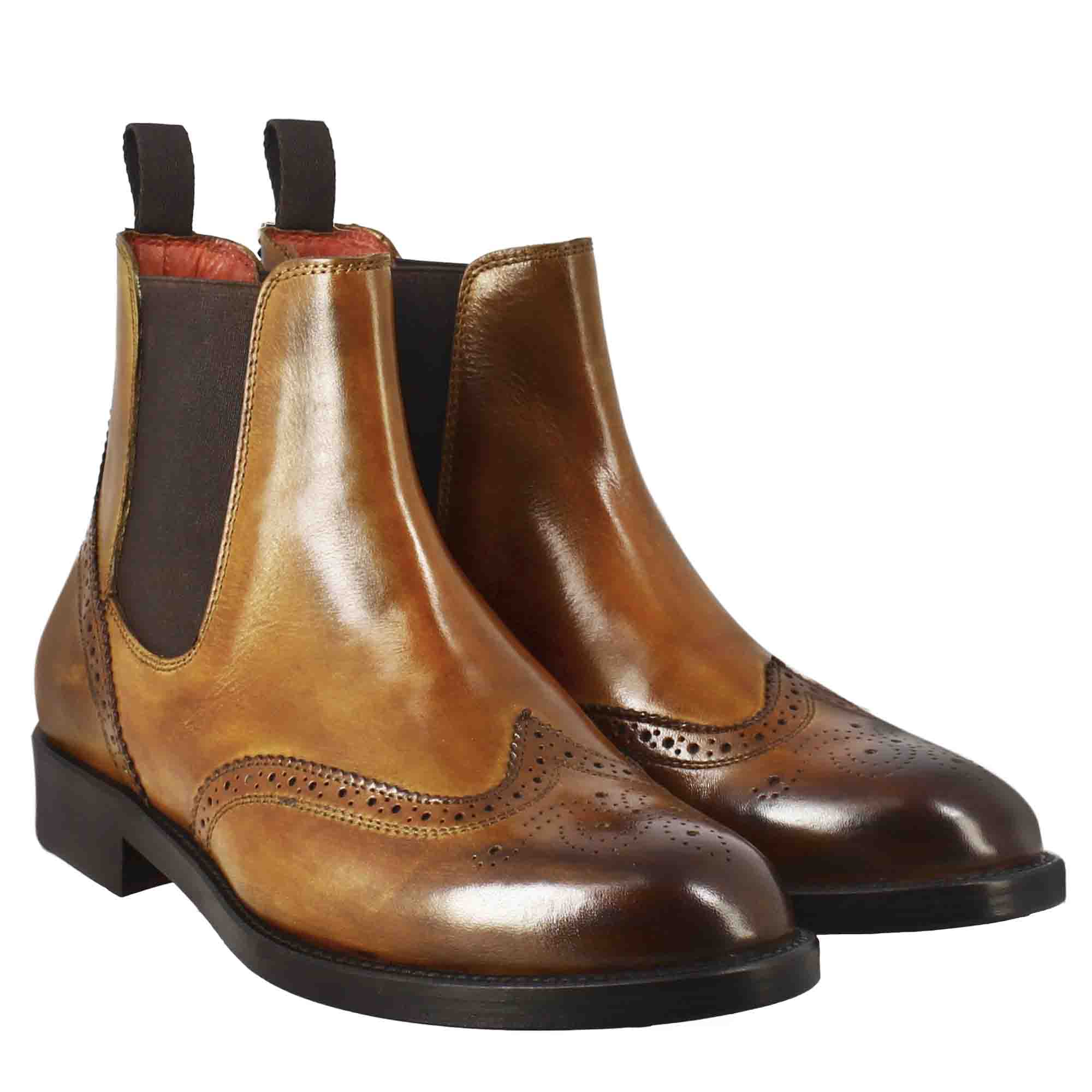 Leonardo Shoes Stivali Donna Chelsea Pelle Marrone Brogue