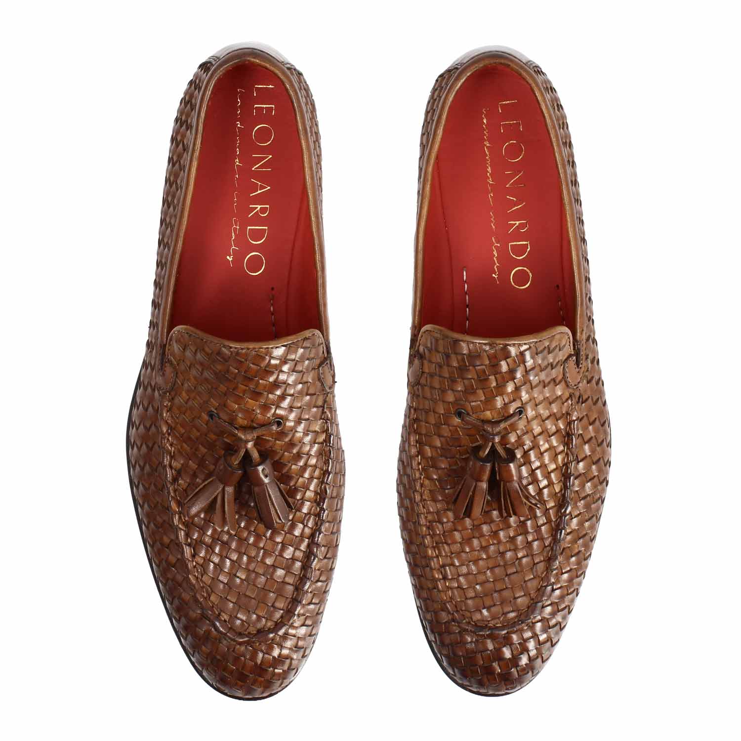 Leonardo Shoes Novello mocassino uomo pelle marrone intrecciata