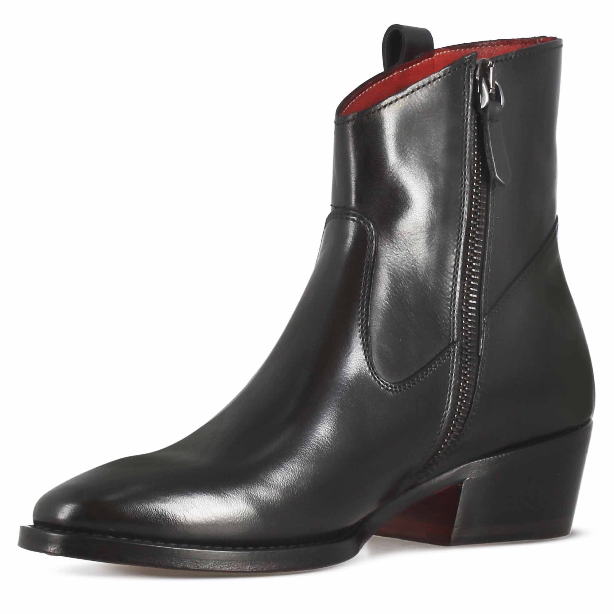 Leonardo Shoes Stivali Donna Texano Stivaletto Pelle Nero Tacco 4 cm