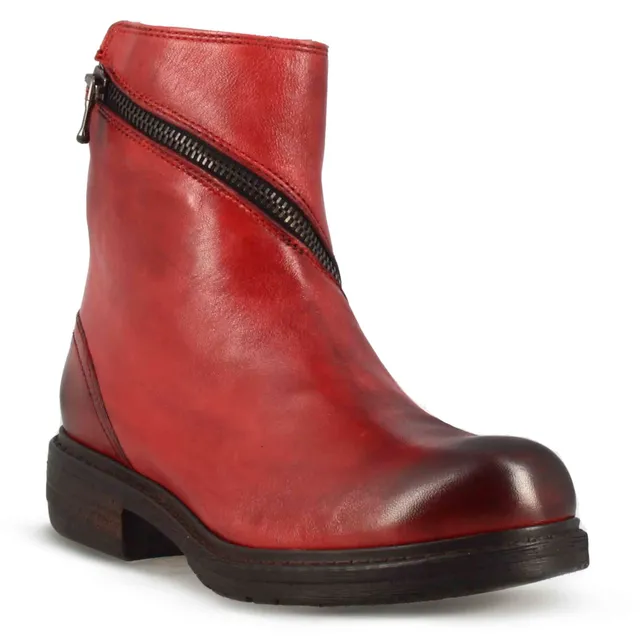 Leonardo Shoes Stivaletto Donna Pelle Rosso Cerniera Asimmetrica