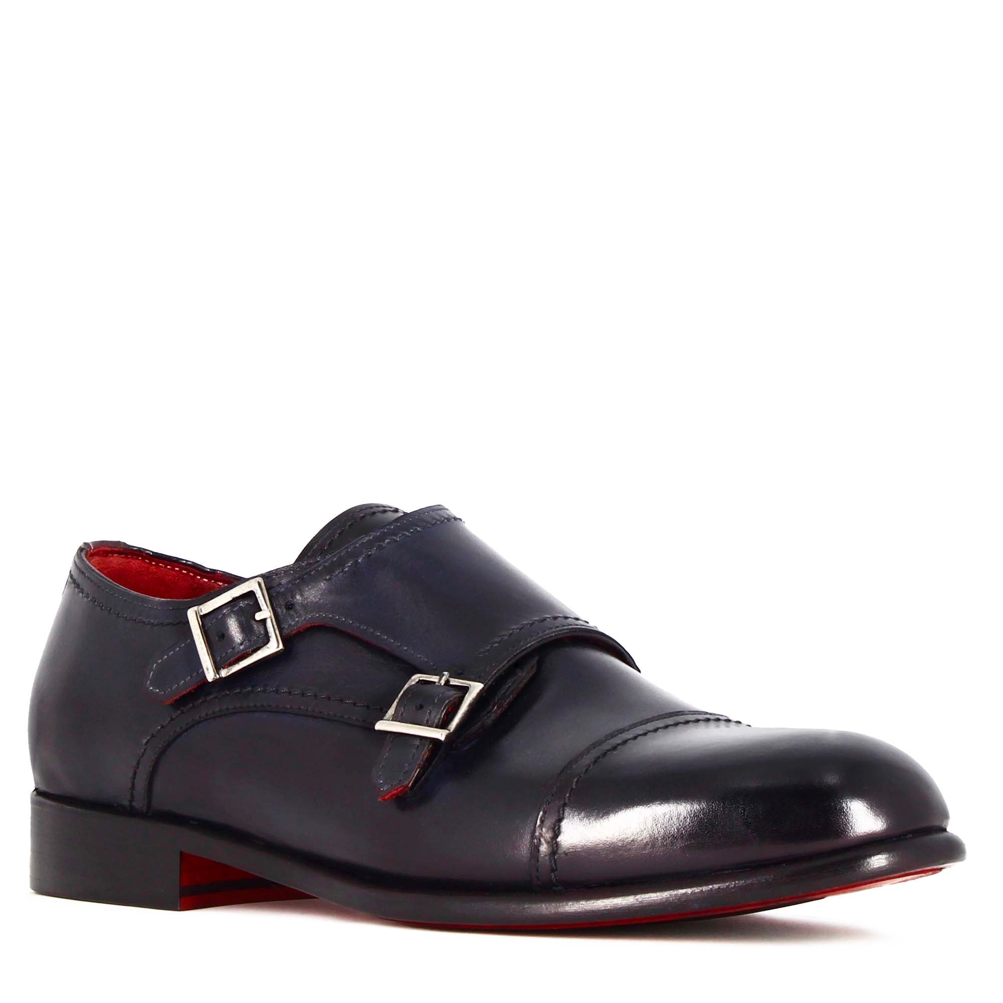 Leonardo Shoes Doppia Fibbia Francesine Uomo pelle blu