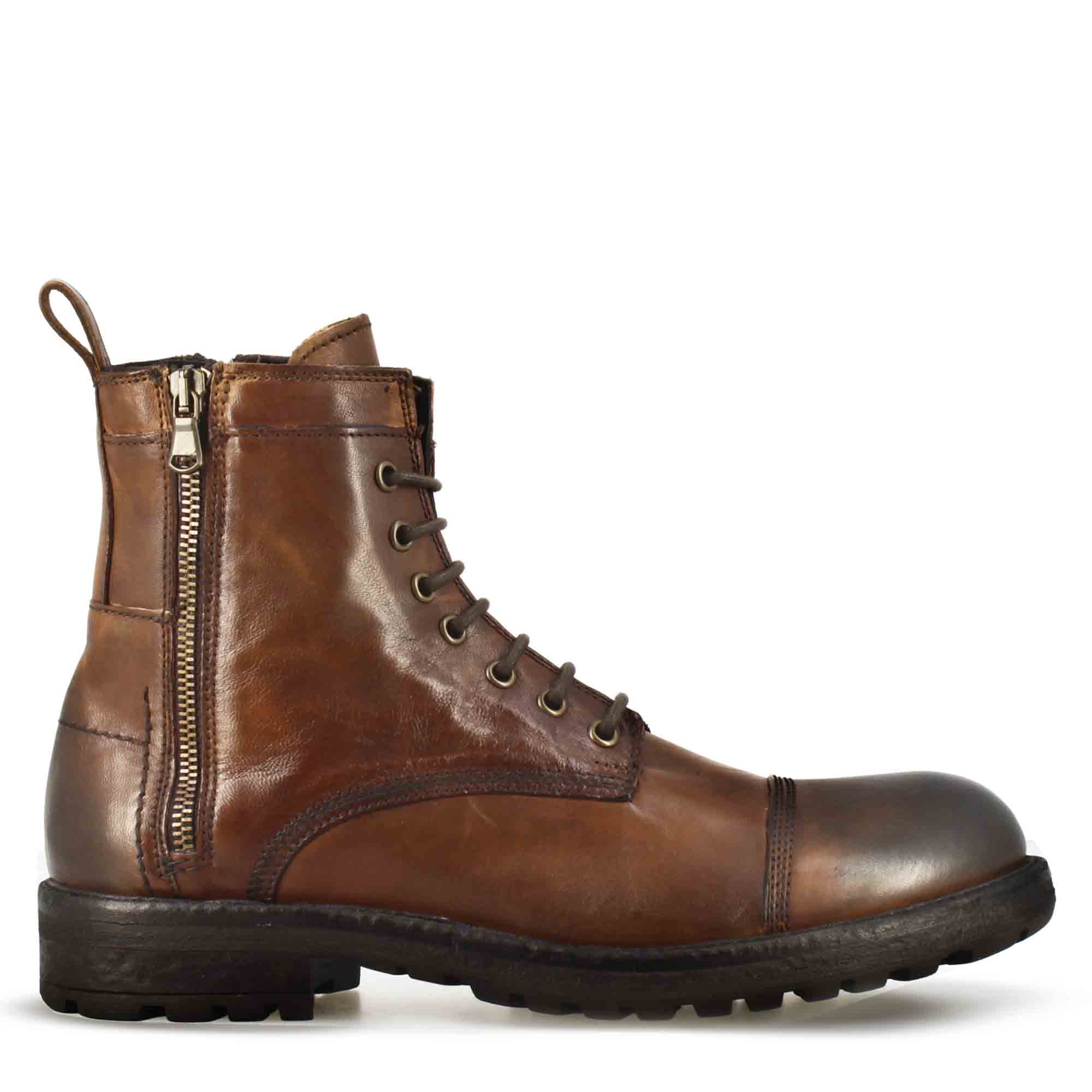 Leonardo Shoes Stivaletti Uomo anfibio marrone zip lacci