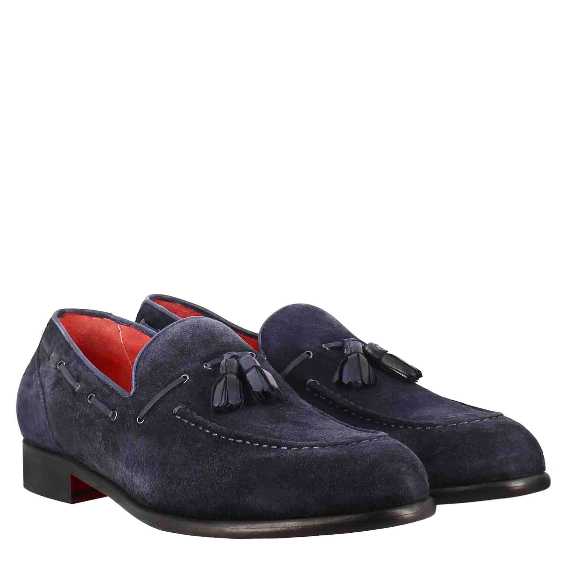 Leonardo Shoes Mocassini Uomo Nappine Blu Scamosciato
