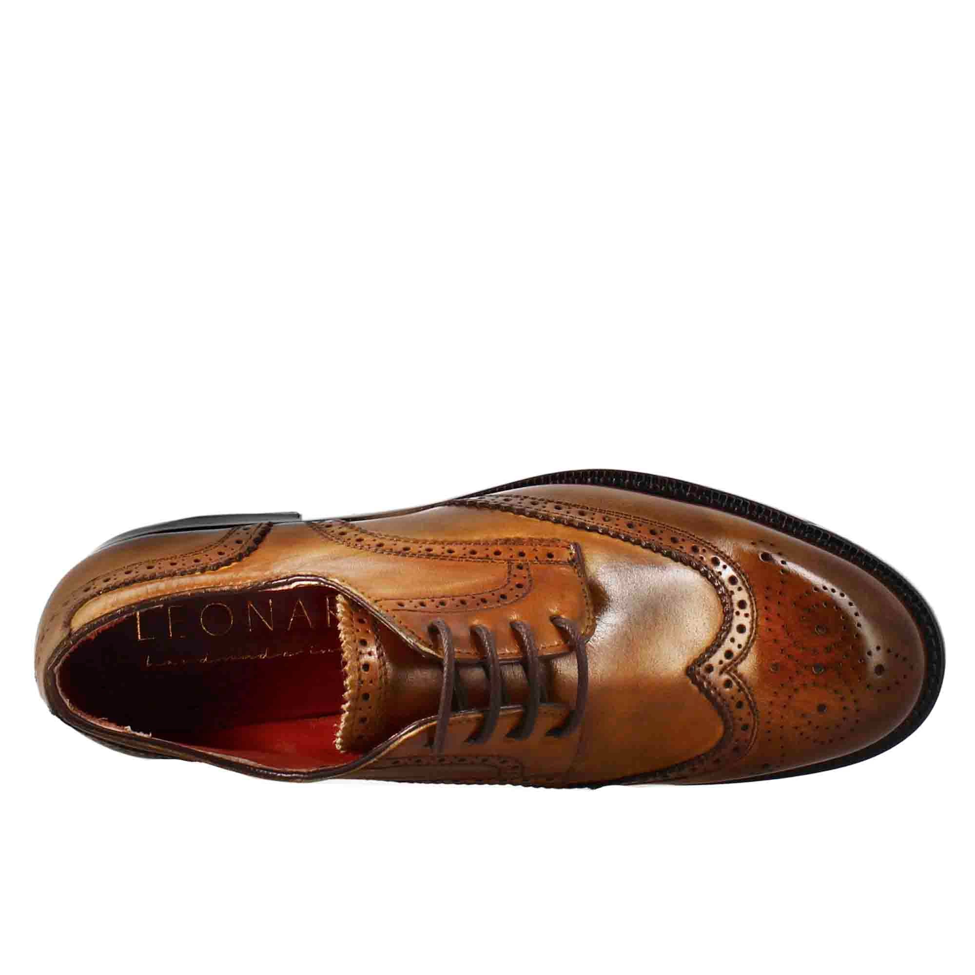 Leonardo Shoes Derby Brogue Donna Pelle Marrone Chiaro Stringate