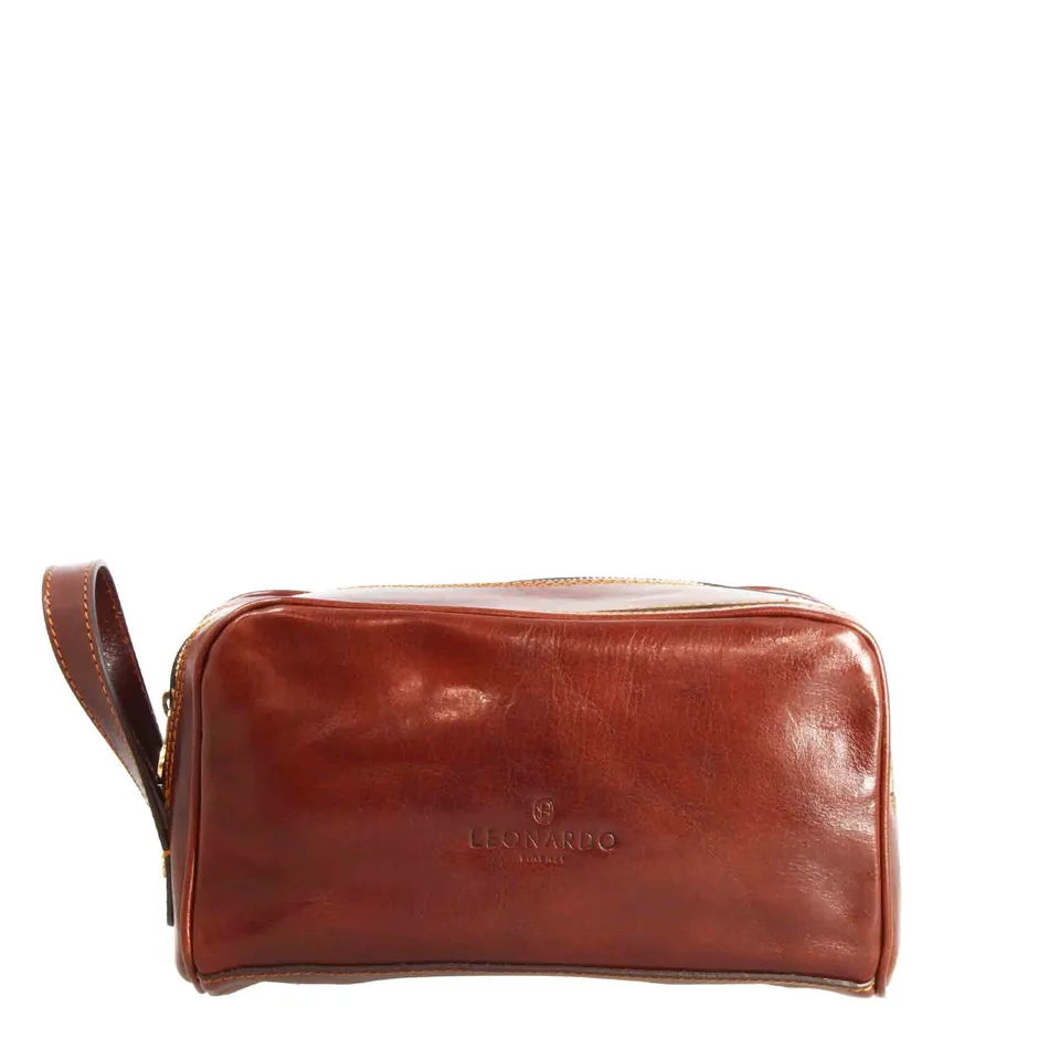 Leonardo Shoes Borse Uomo Necessaire pelle marrone doppia zip
