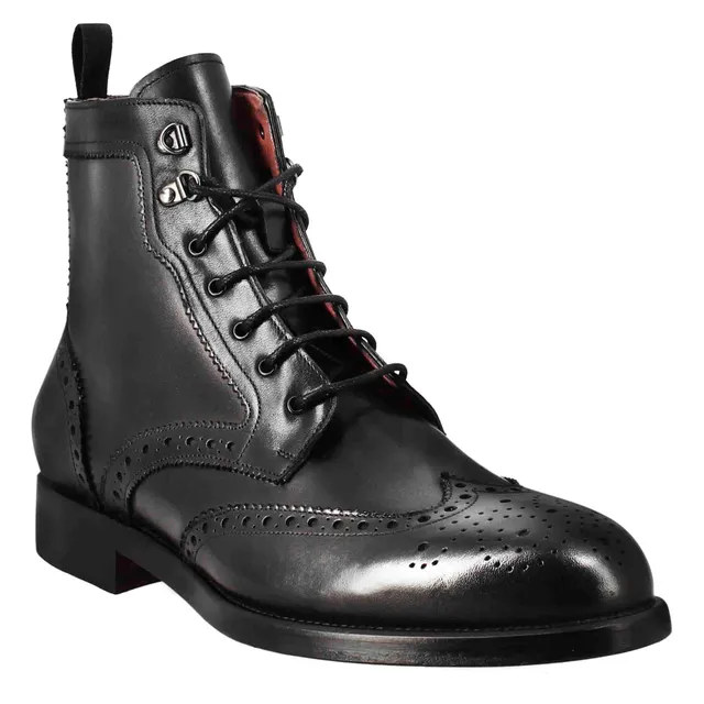 Leonardo Shoes Stivaletti Uomo Anfibio Brogue Pelle Nero