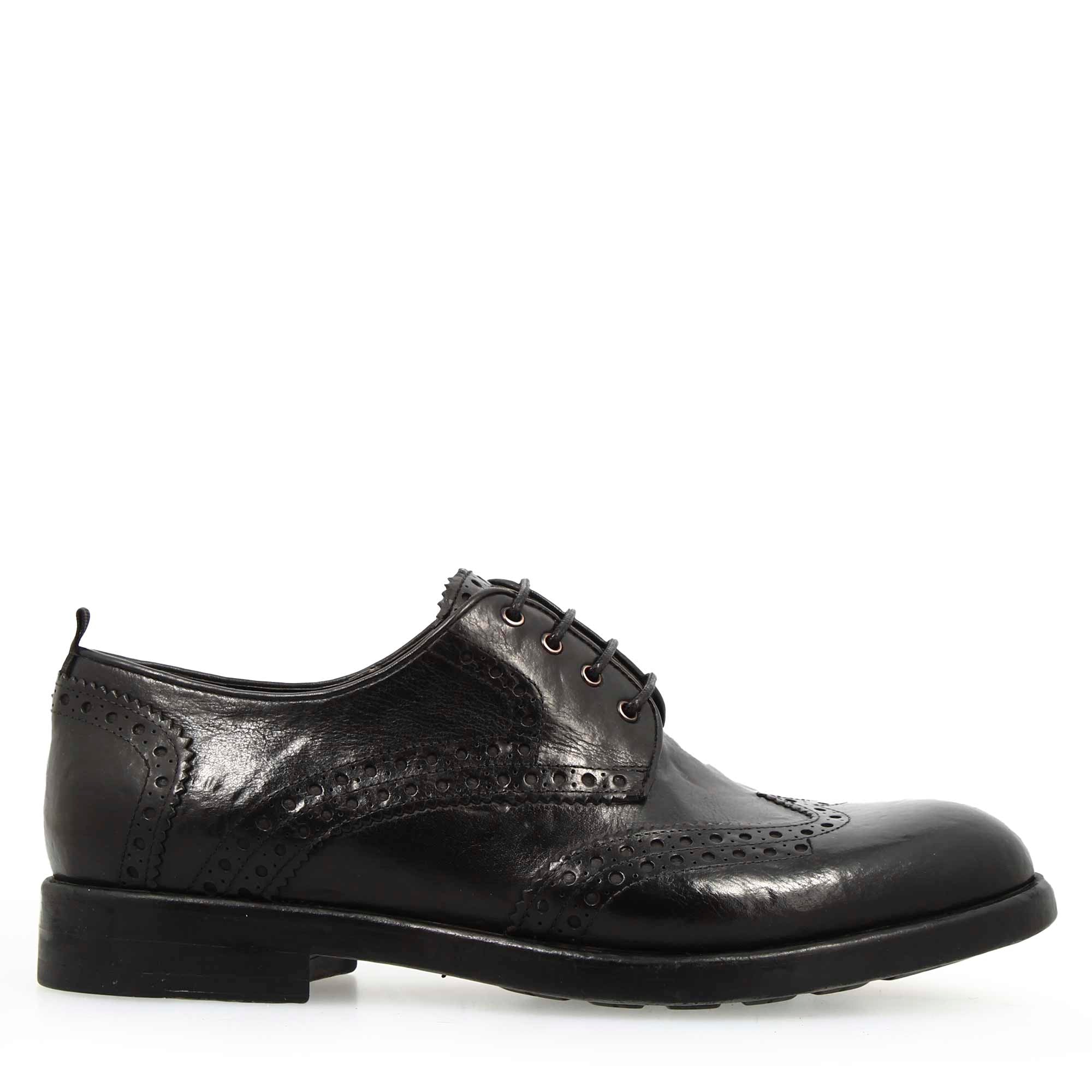 Leonardo Shoes Lorenzo derby uomo nero brogue pelle