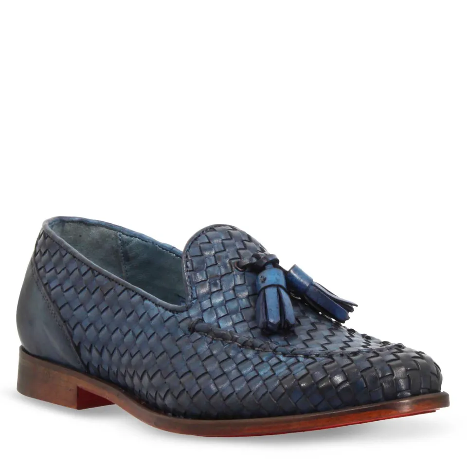 Leonardo Novella Mocassini donna pelle intrecciata blu nappine