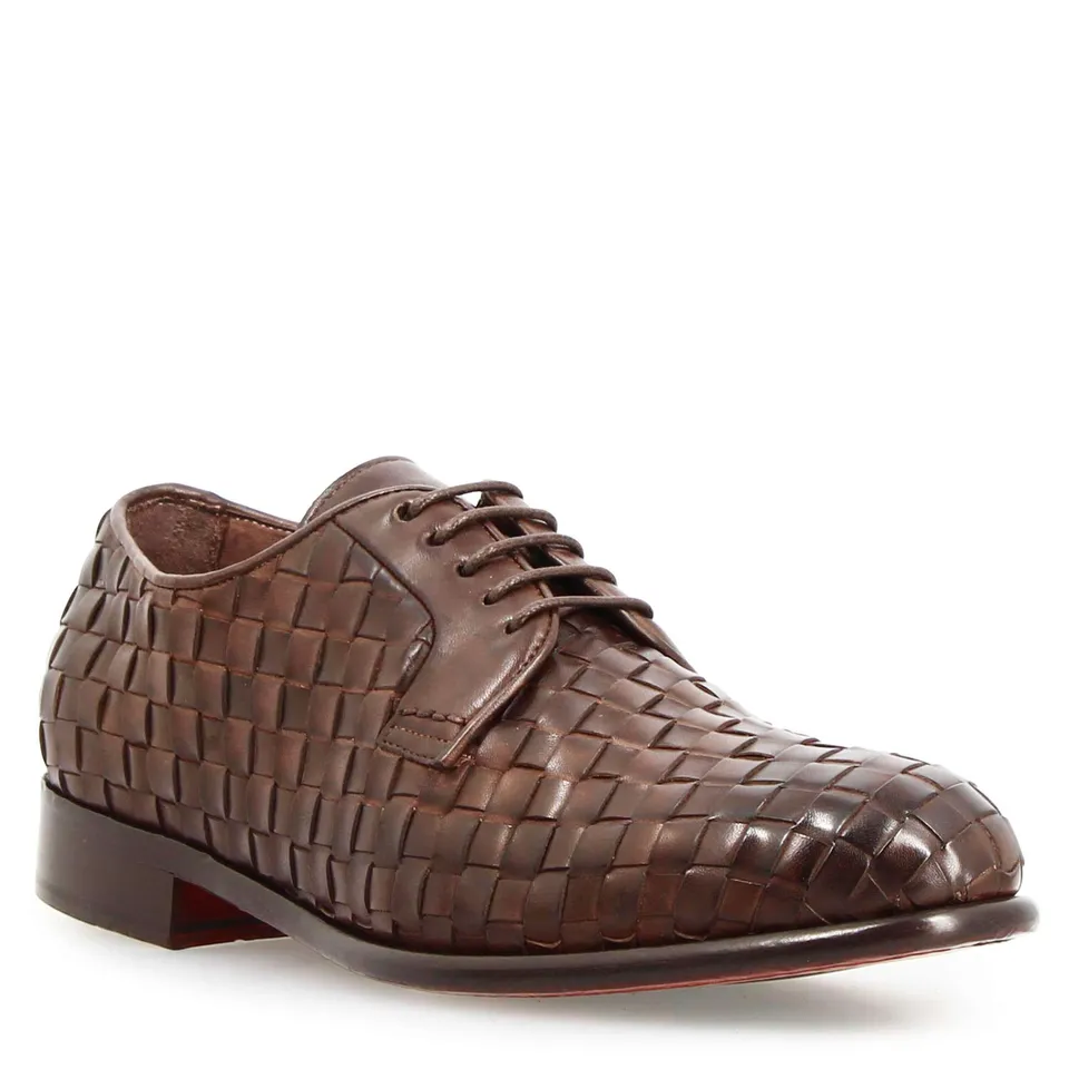 Leonardo Shoes Cipriano derby uomo pelle intrecciata marrone scuro