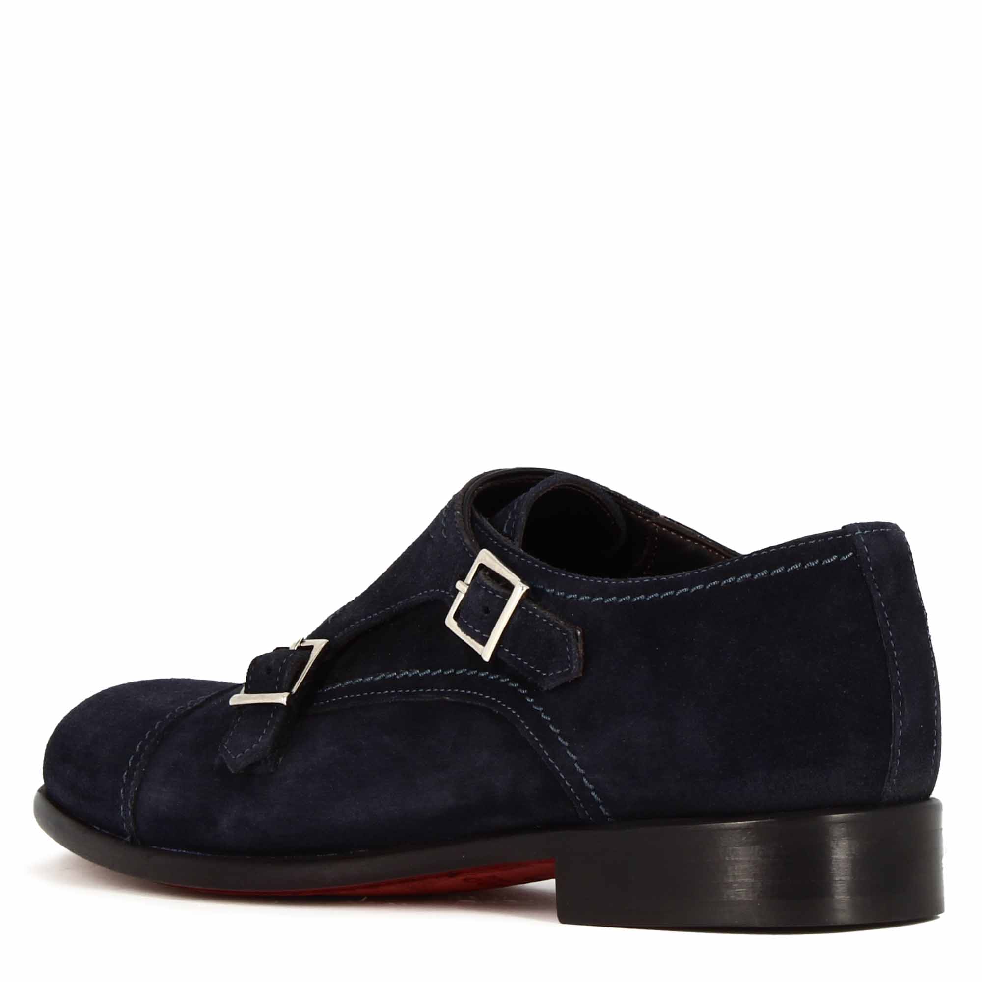 Leonardo Shoes Francesine Uomo scarpe doppia fibbia blu camoscio