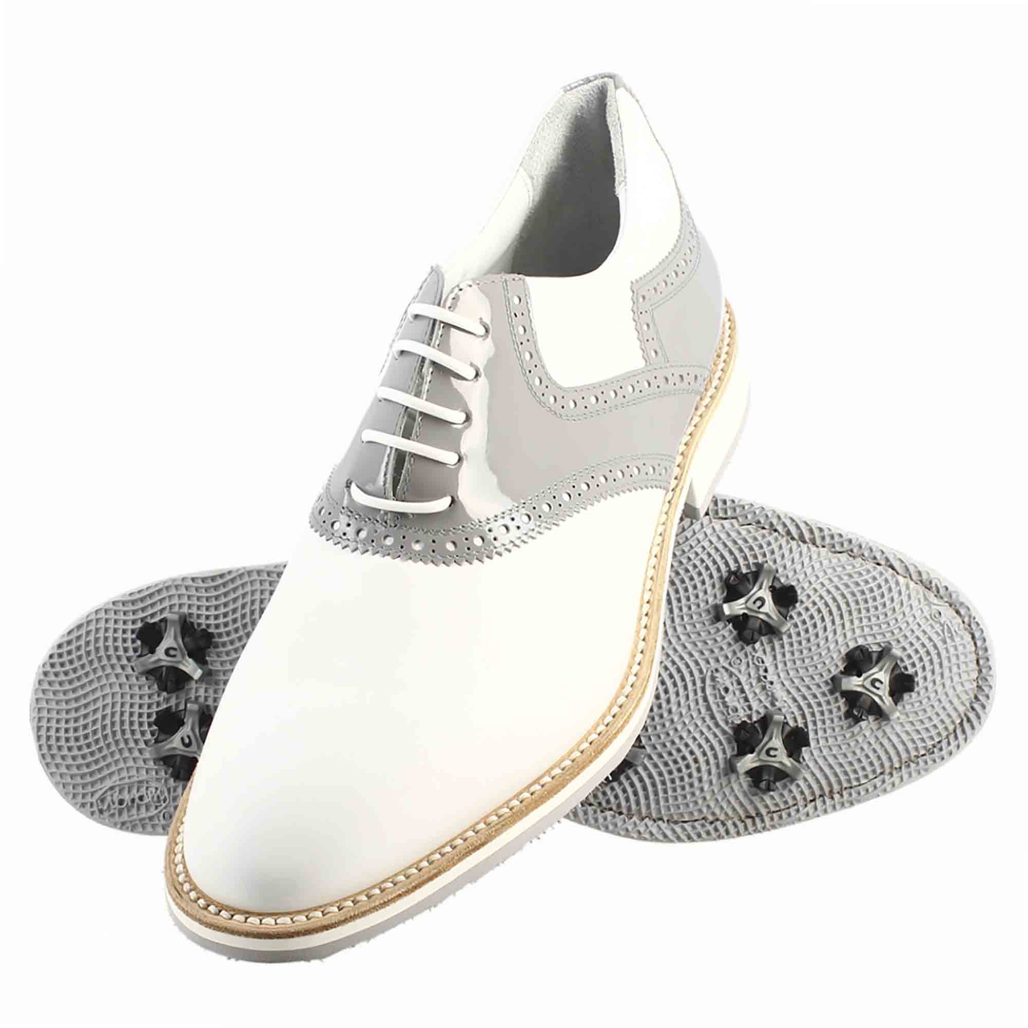 Leonardo Shoes Golf Scarpe da Golf Pelle Bianco Grigio Tacchetti