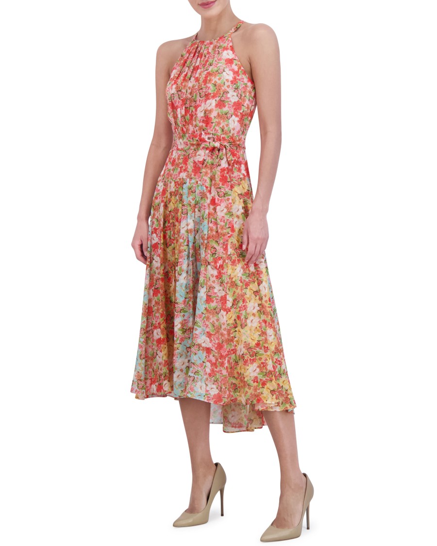 Vince Camuto abito midi chiffon plissettato stampato halter