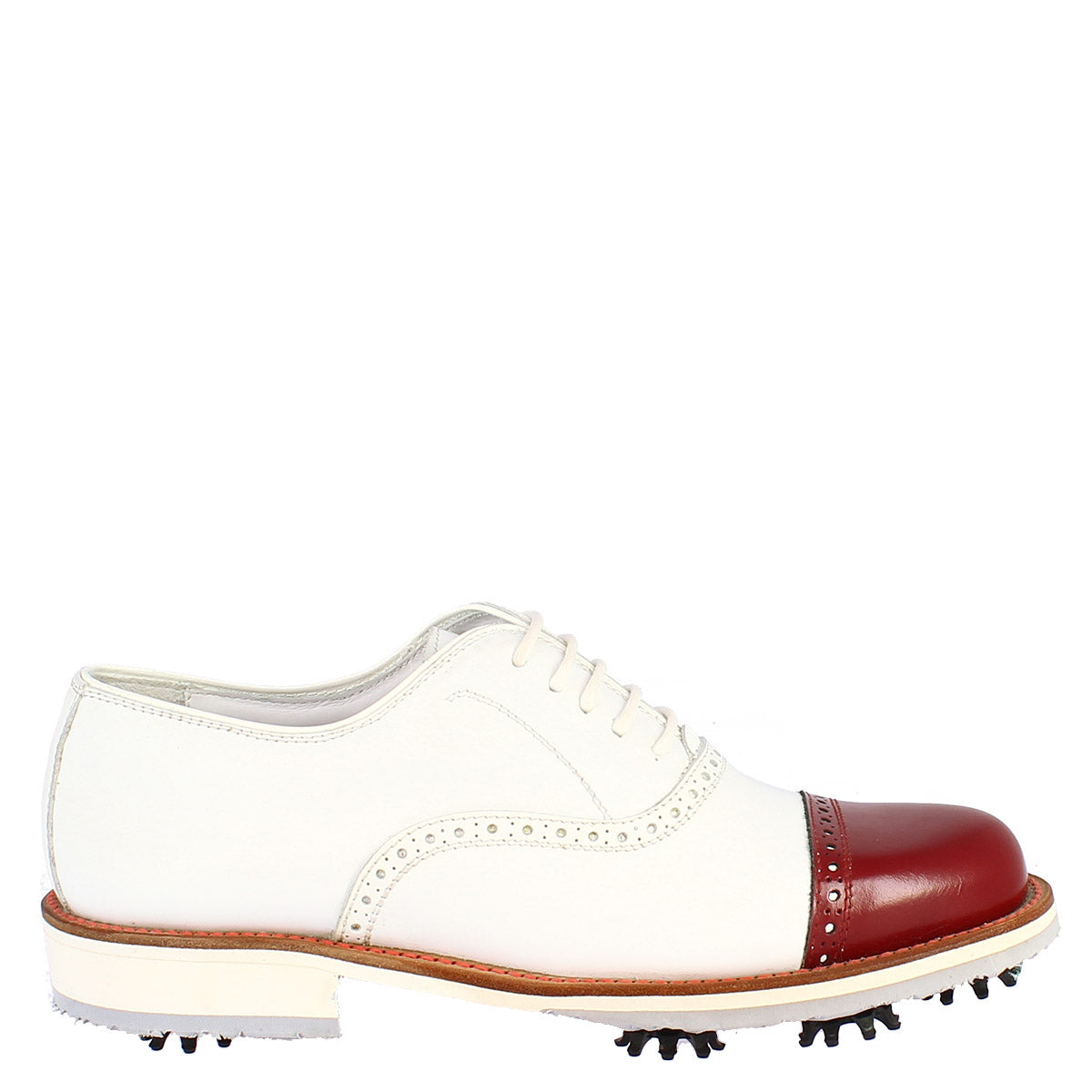 Leonardo Shoes Golf Scarpe Pelle Bianco con Puntale Rosso
