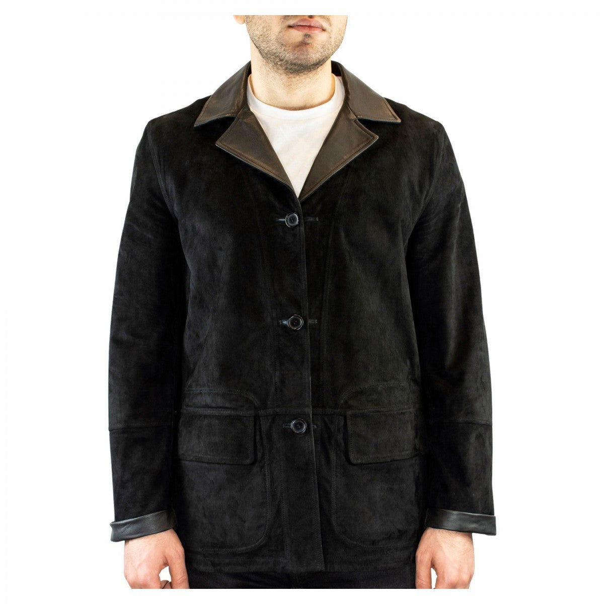 Leonardo Shoes Giacca Pelle Uomo Nera Reversibile Renna