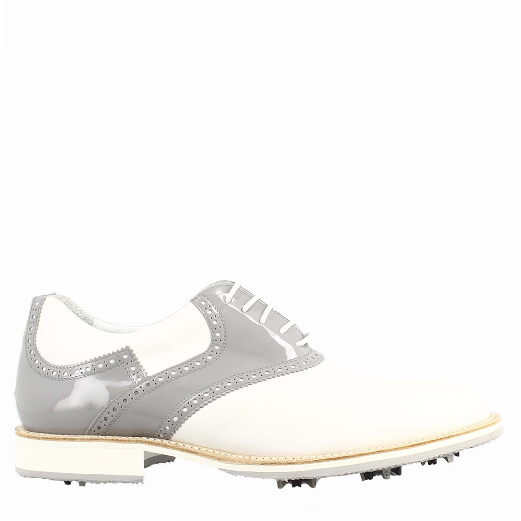 Leonardo Shoes Golf Scarpe da Golf Pelle Bianco Grigio Tacchetti