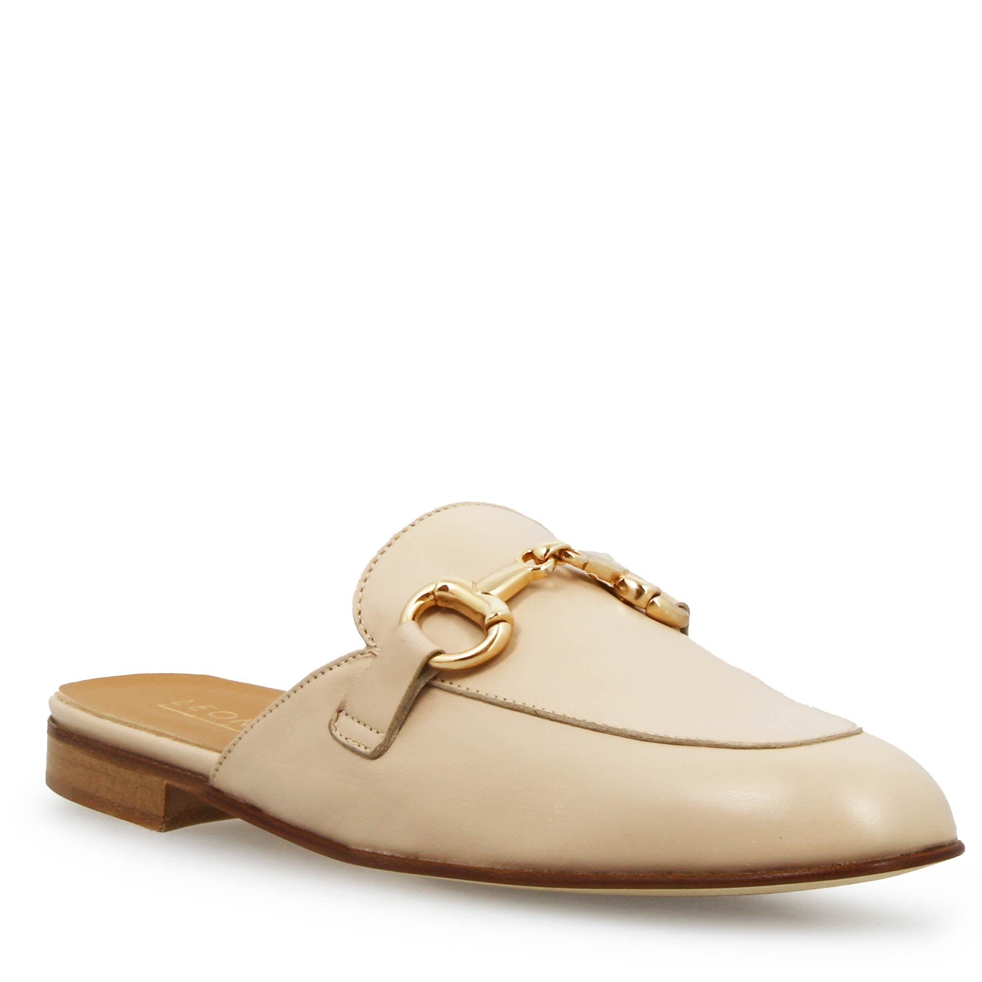 Leonardo Shoes Mules Donna Sabot Beige Fibbia Dorata Cuoio