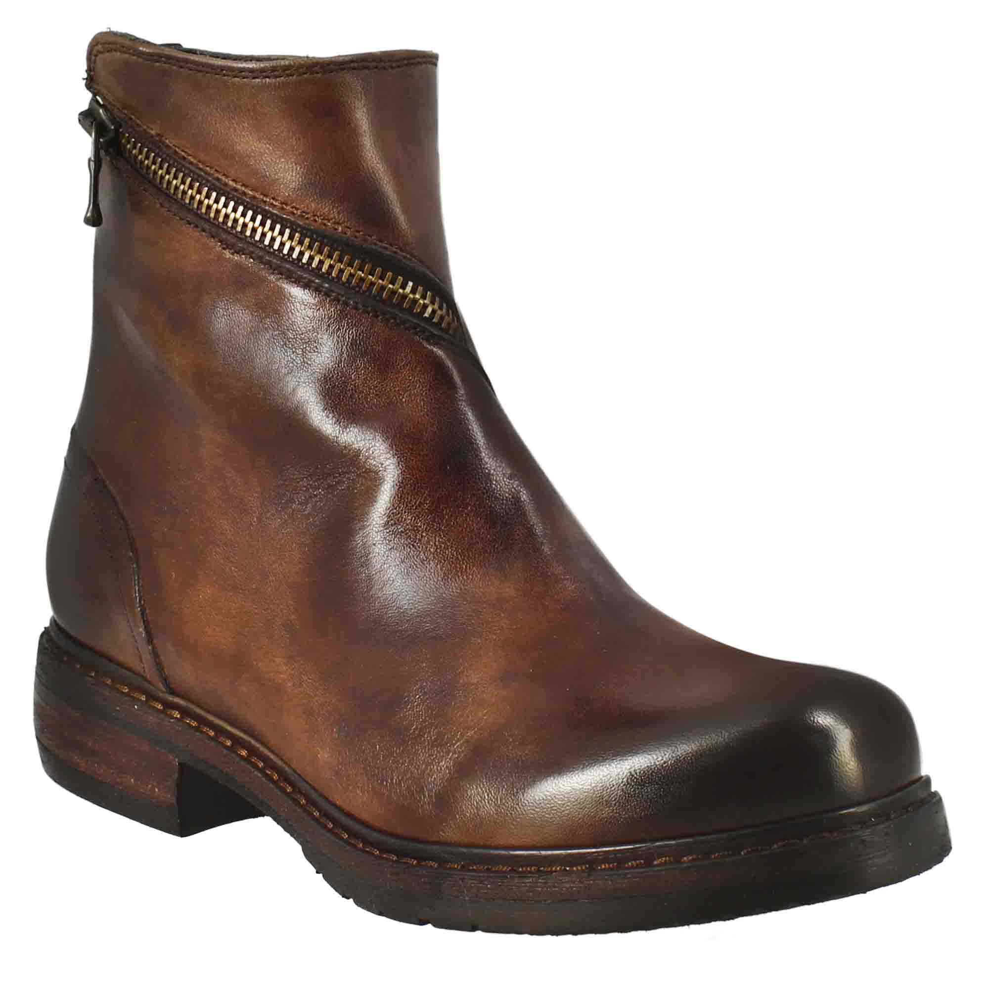 Leonardo Shoes Stivali Donna Stivaletto Pelle Marrone Zip