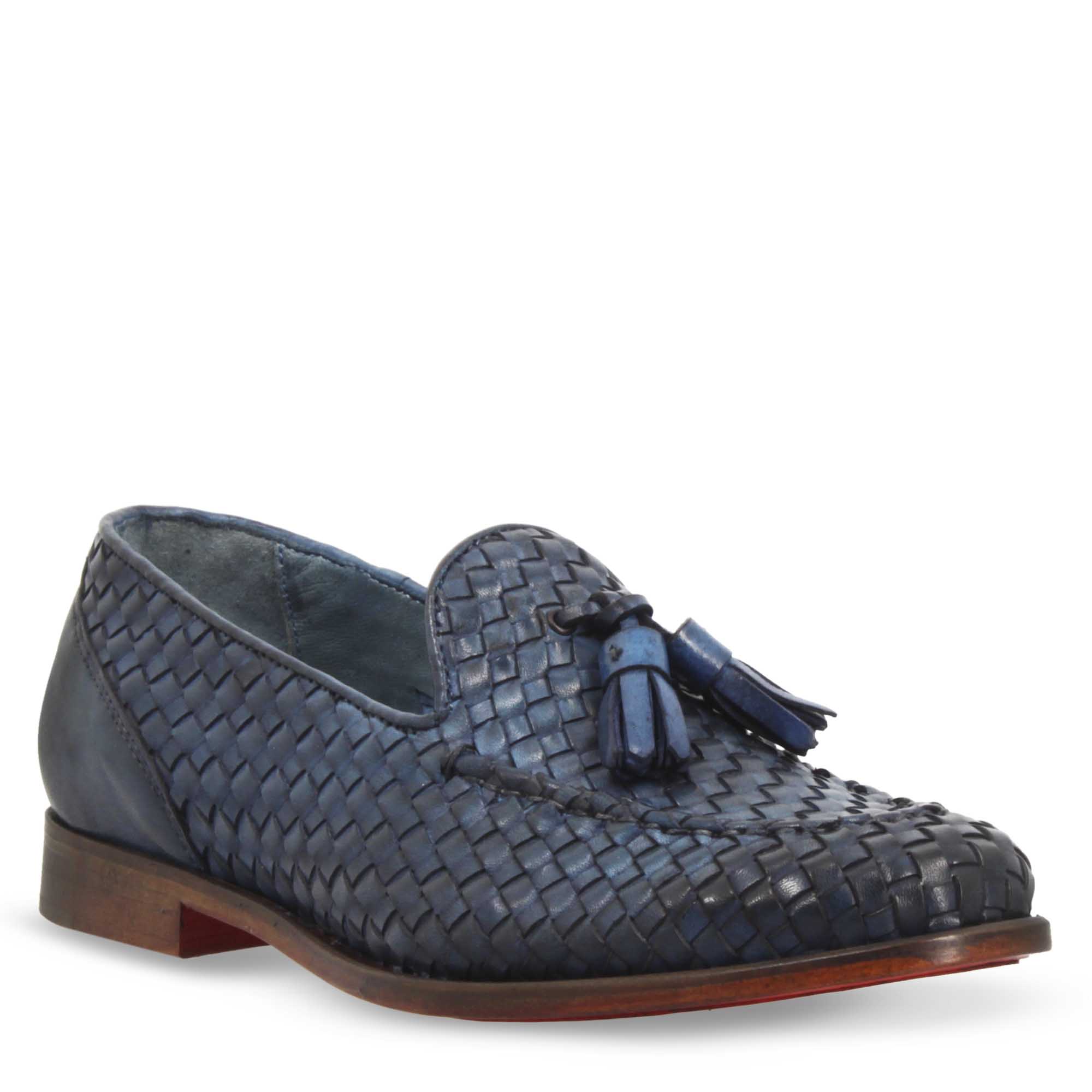 Leonardo Novella Mocassini donna pelle intrecciata blu nappine
