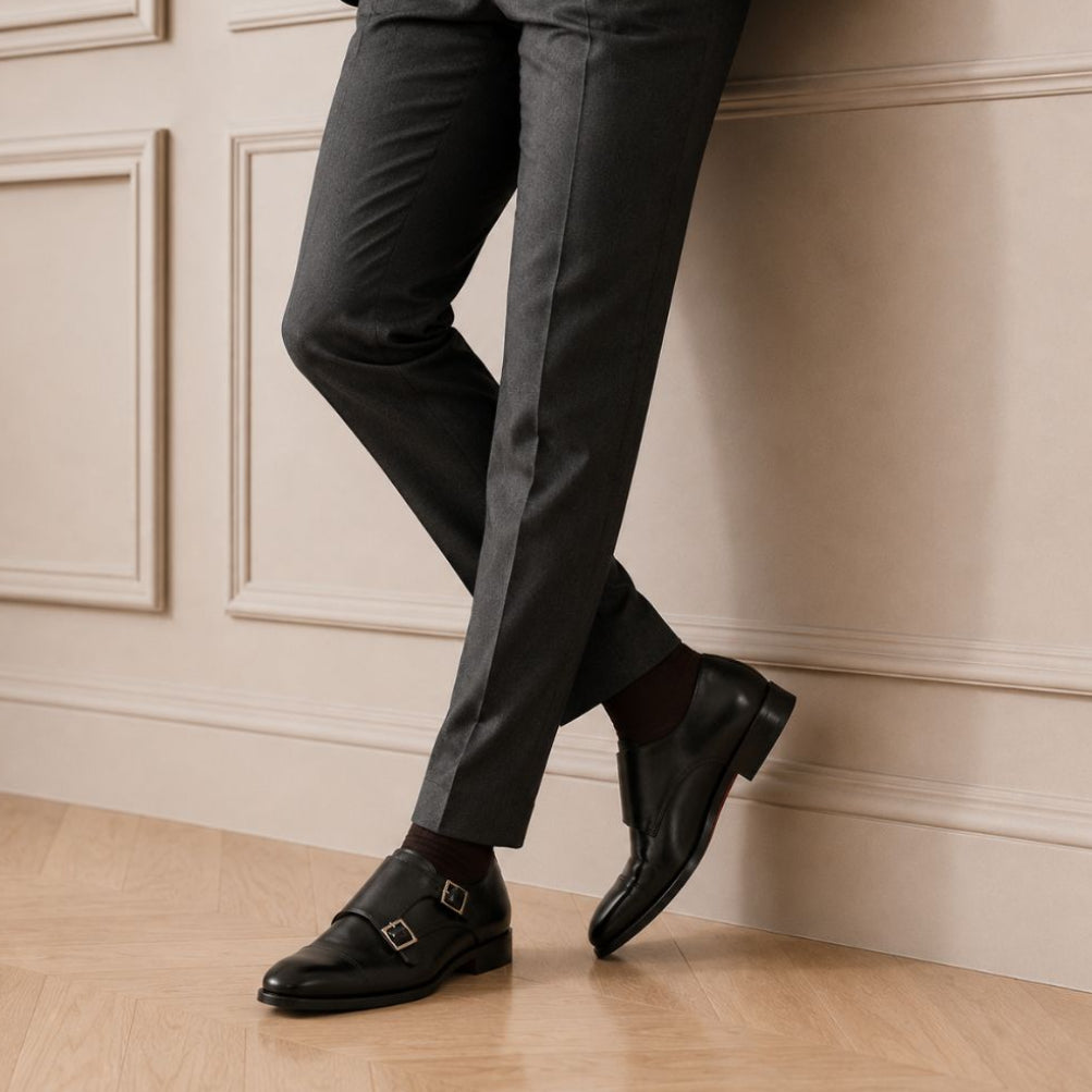Leonardo Shoes Achille Nero Doppia Fibbia Pelle da Cerimonia Uomo