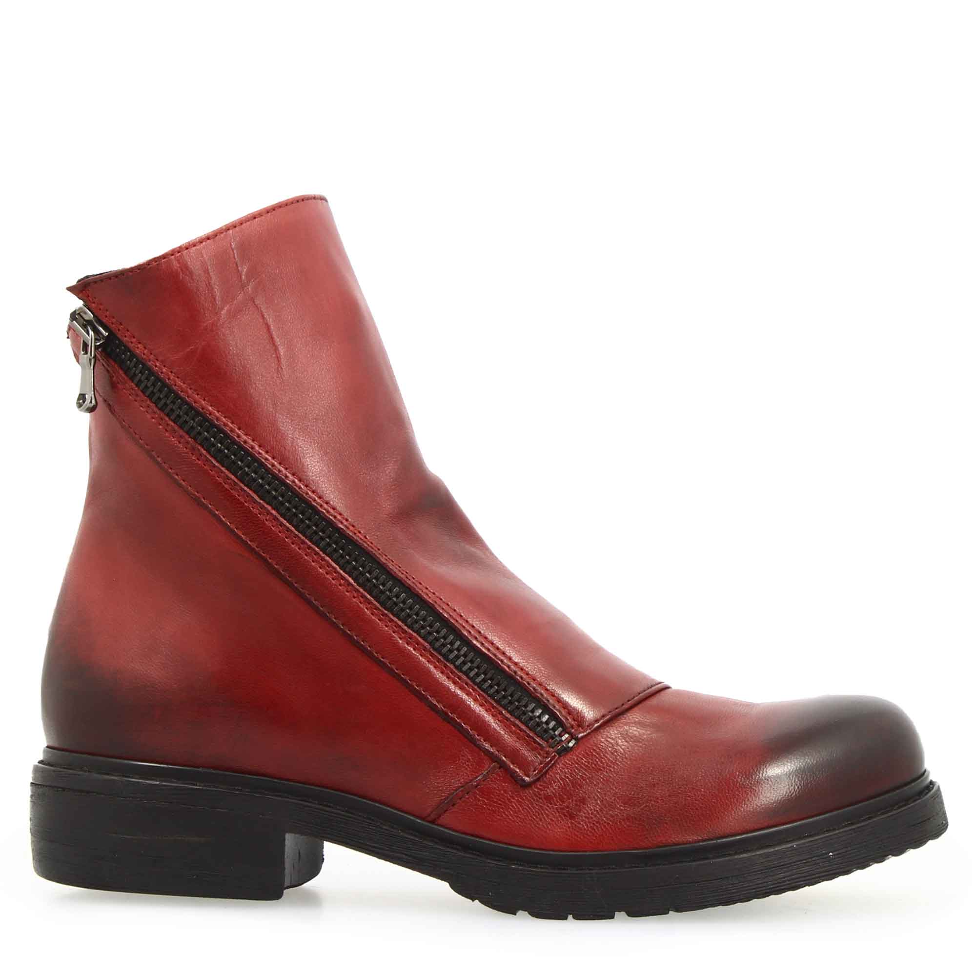 Leonardo Shoes Stivali Donna stivaletto pelle rosso doppia zip