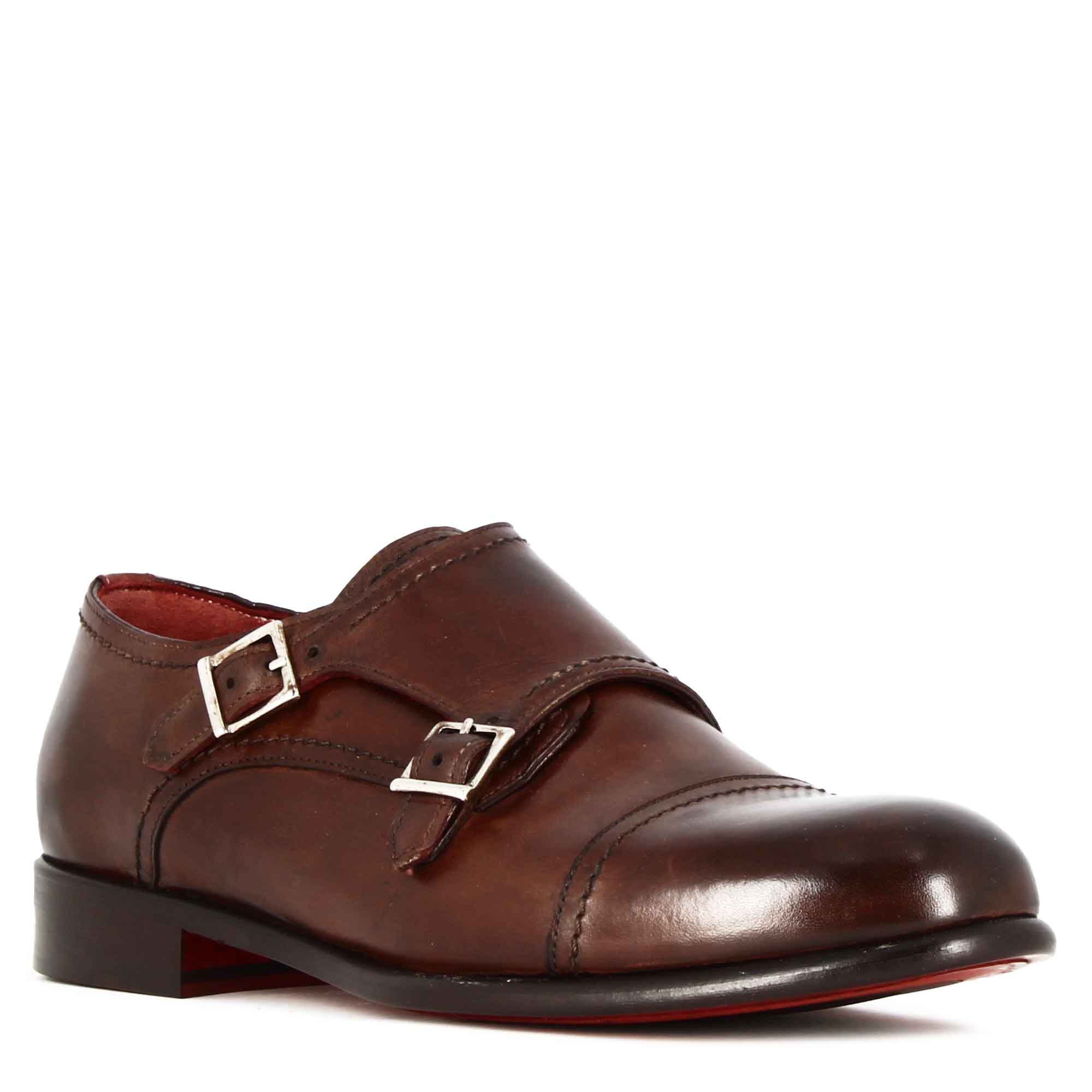 Leonardo Shoes francesine uomo doppia fibbia marrone
