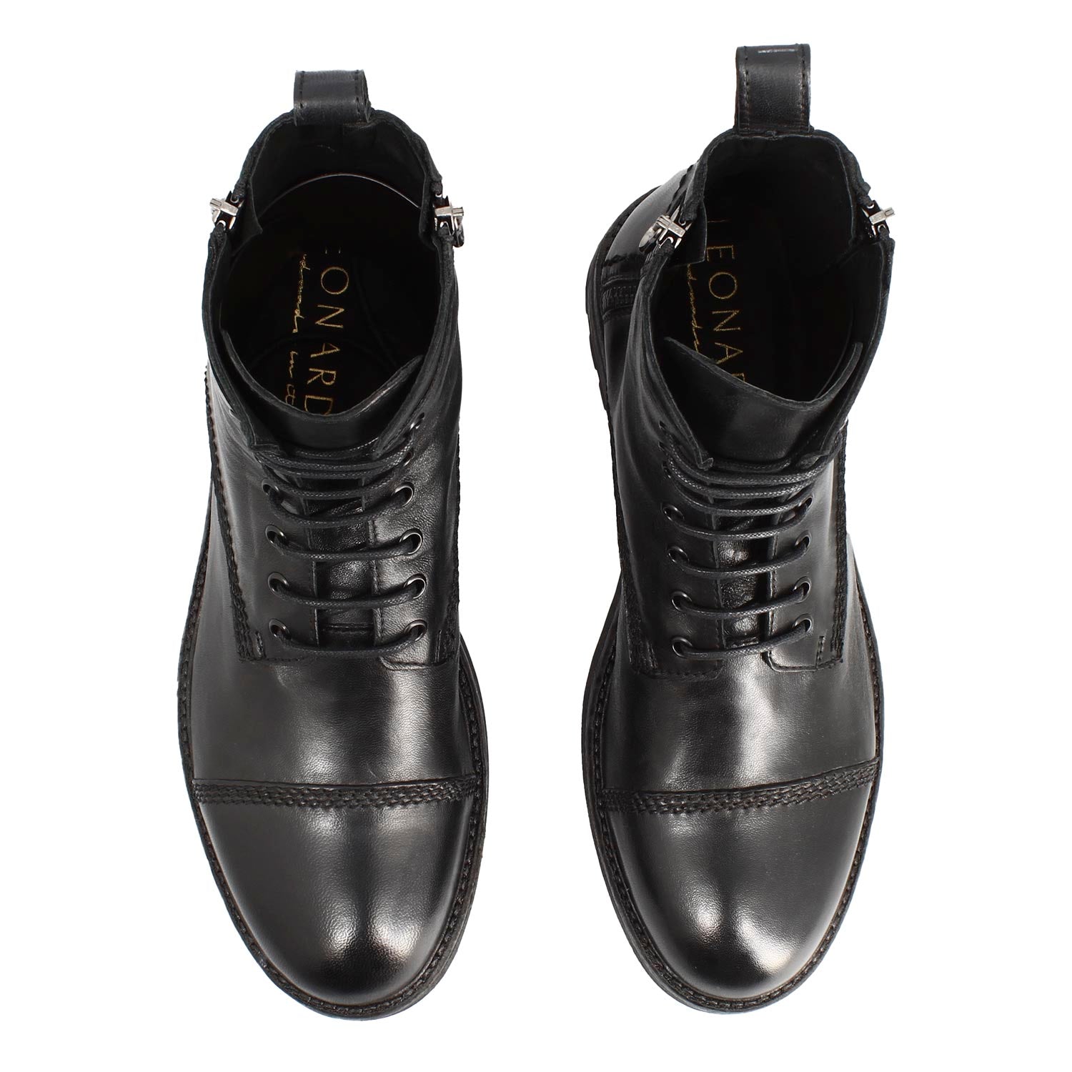 Leonardo Shoes anfibio uomo pelle nera doppia zip stringhe