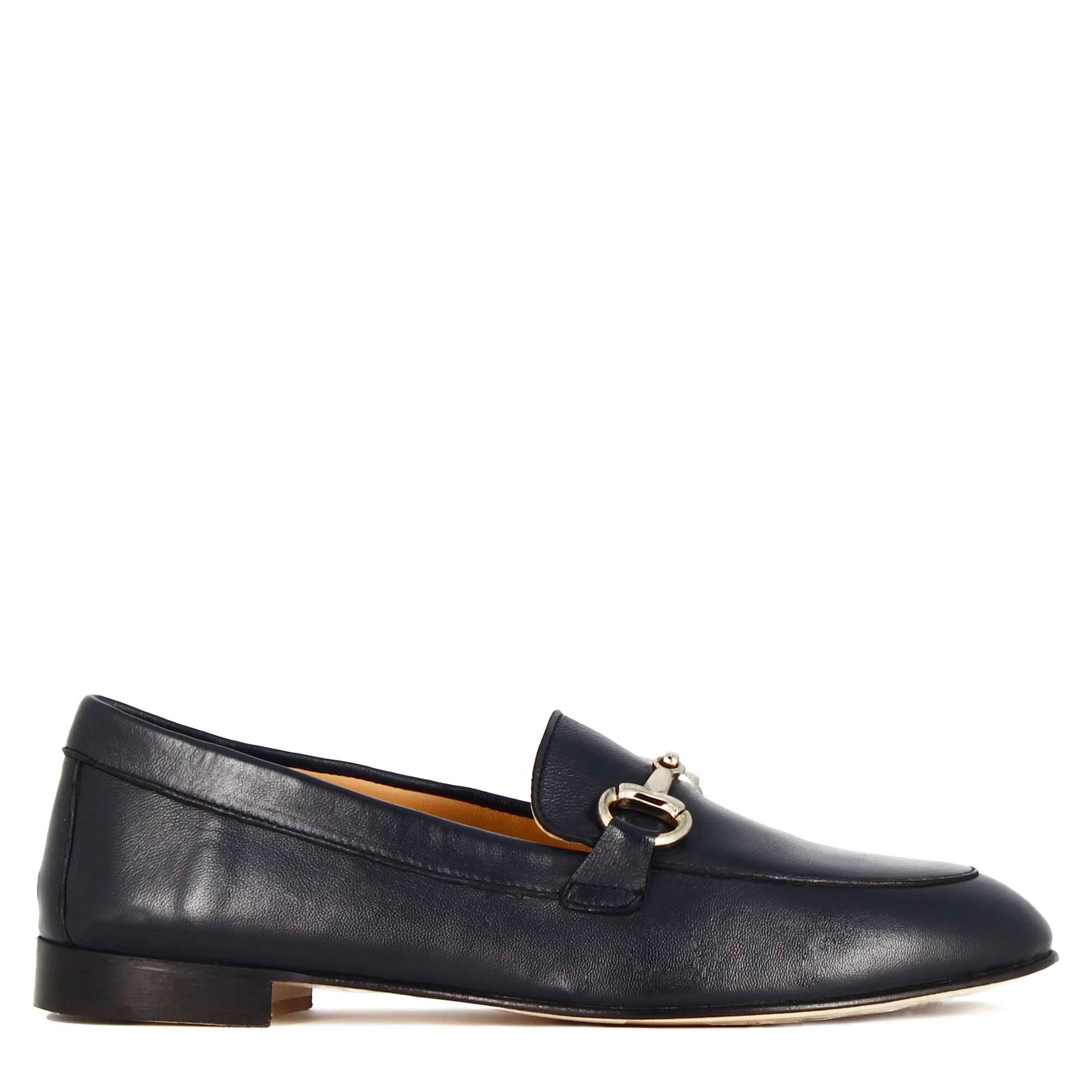 Leonardo mocassino donna pelle blu scuro morsetto tacco 1 cm