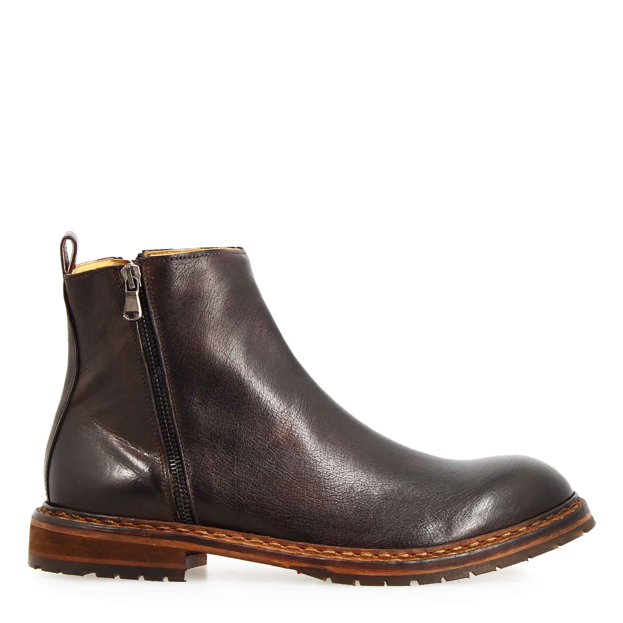 Leonardo Shoes Enea Stivaletti Uomo Marrone Scuro Zip
