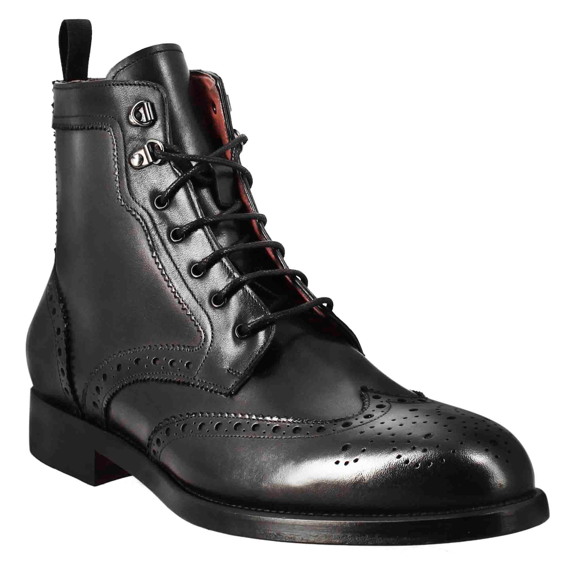 Leonardo Shoes Stivaletti Uomo Anfibio Brogue Pelle Nero