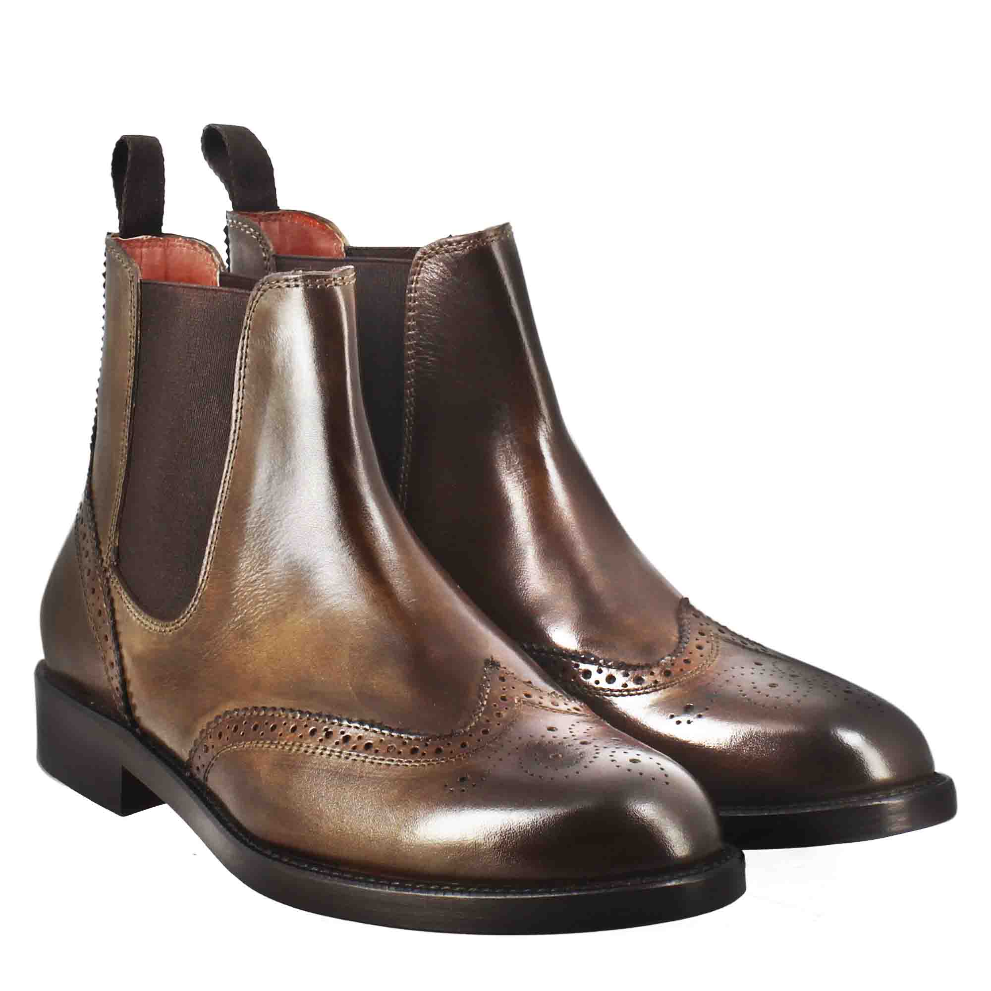 Leonardo Shoes Chelsea Stivaletti Donna Marrone Pelle Brogue