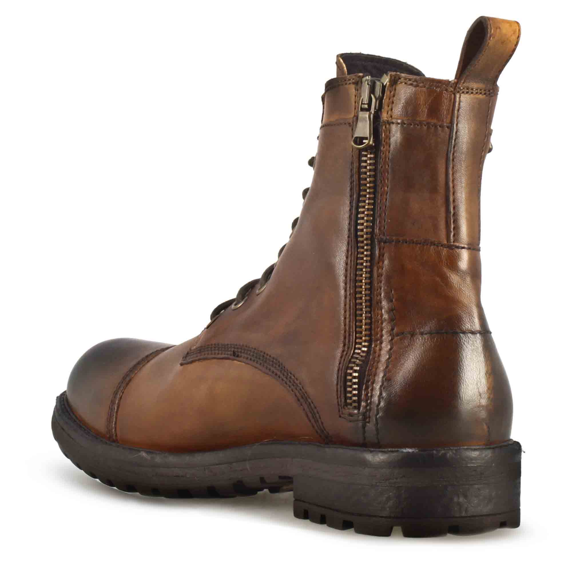 Leonardo Shoes Stivaletti Uomo anfibio marrone zip lacci