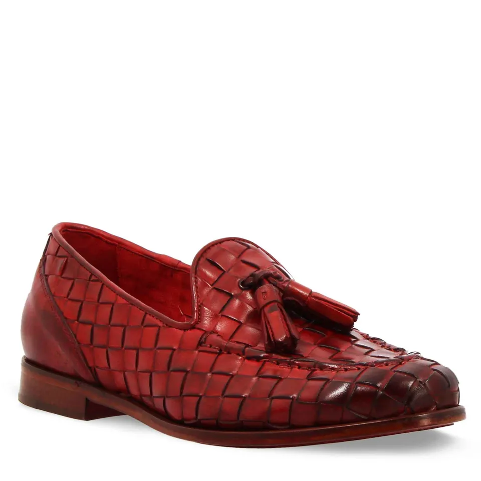 Leonardo Shoes Mocassino intrecciato rosso nappine cuoio