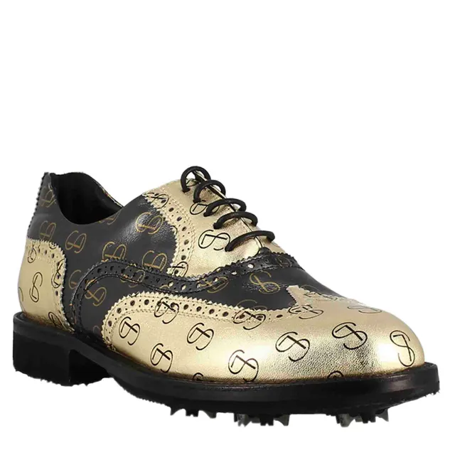 Leonardo Shoes Golf Calzature scarpe da golf nero oro pelle