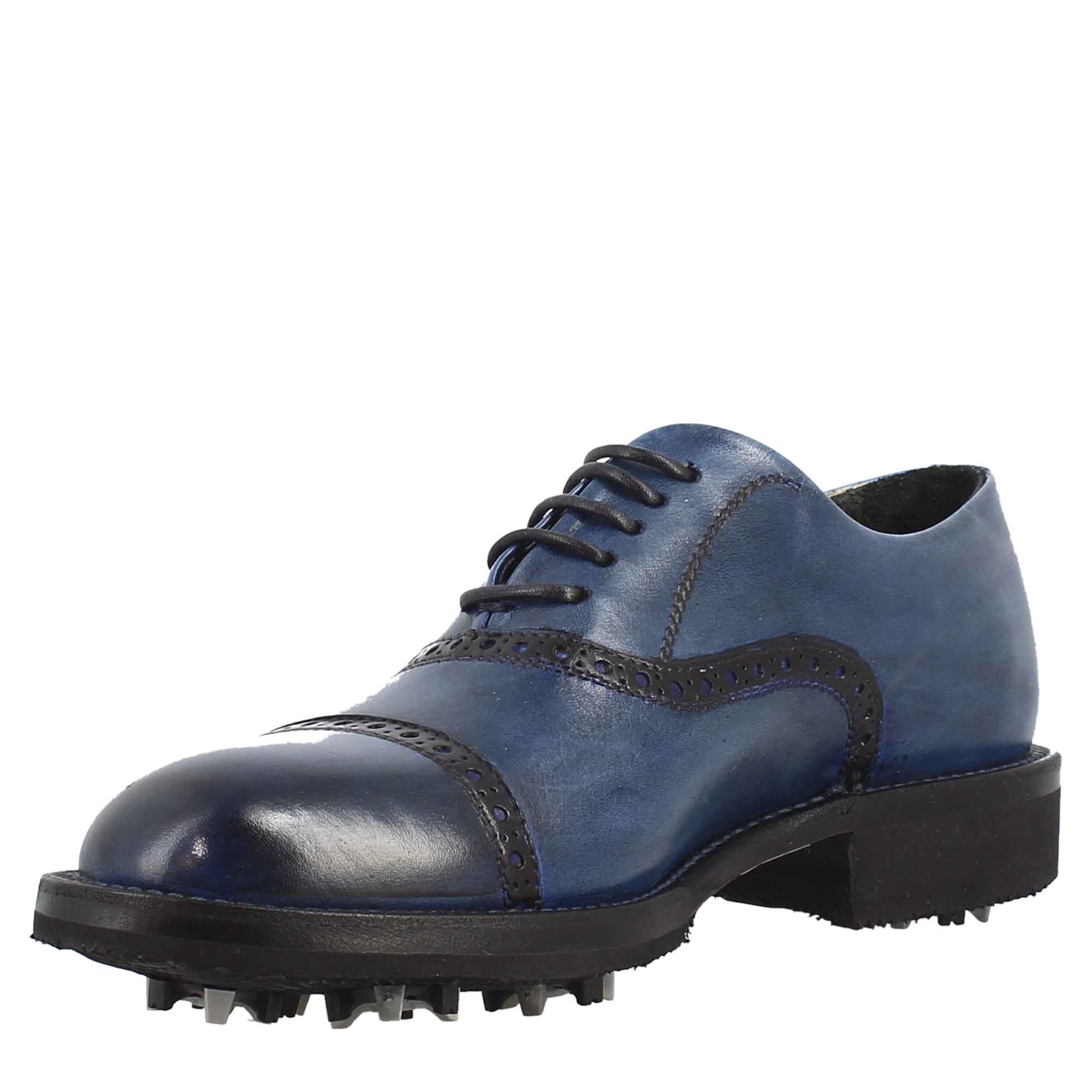 Leonardo Shoes Golf Scarpe Golf Pelle Blu Tacchetti