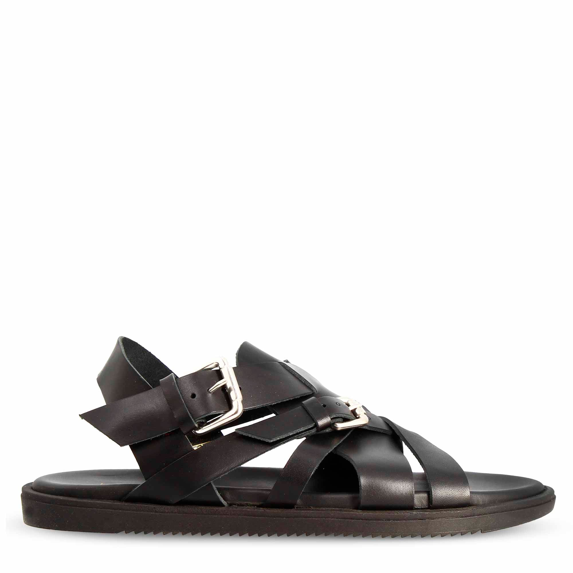 Leonardo Shoes Sandali Uomo BF-30 pelle neri con fibbia