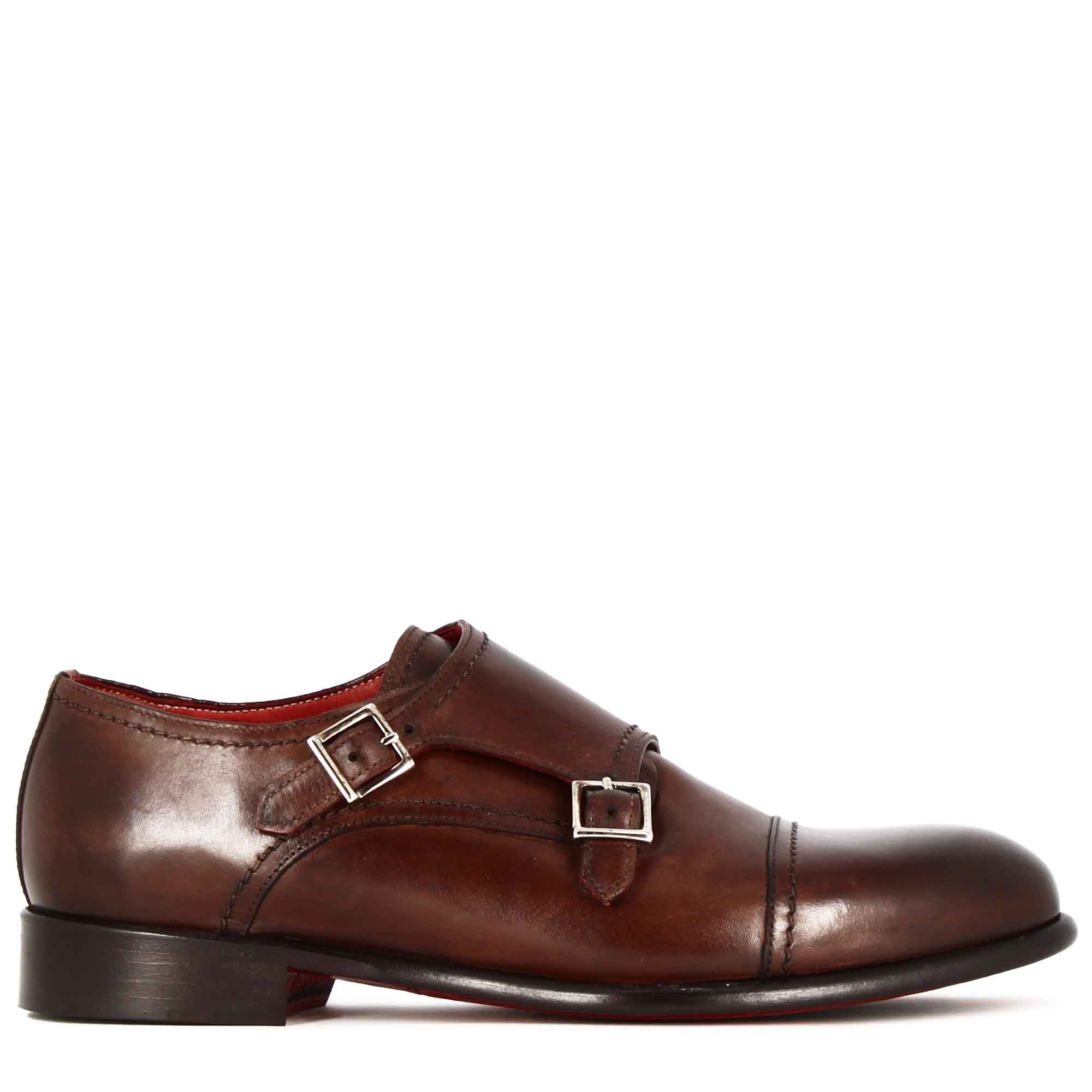 Leonardo Shoes francesine uomo doppia fibbia marrone