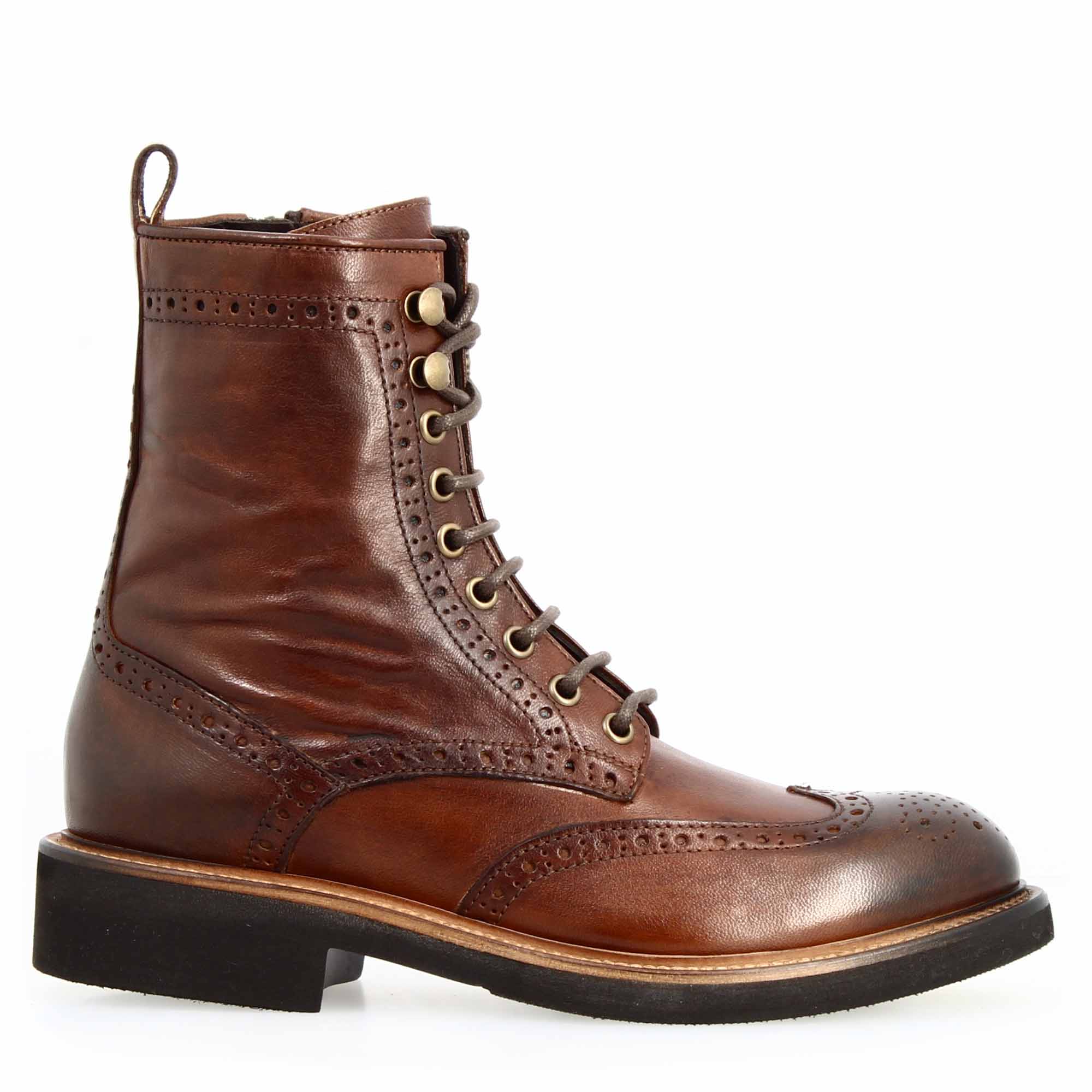 Leonardo Shoes Anfibio Donna Brogue Pelle Marrone Cuoio