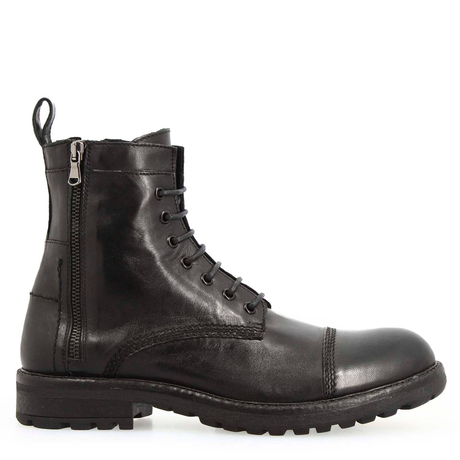 Leonardo Shoes anfibio uomo pelle nera doppia zip stringhe