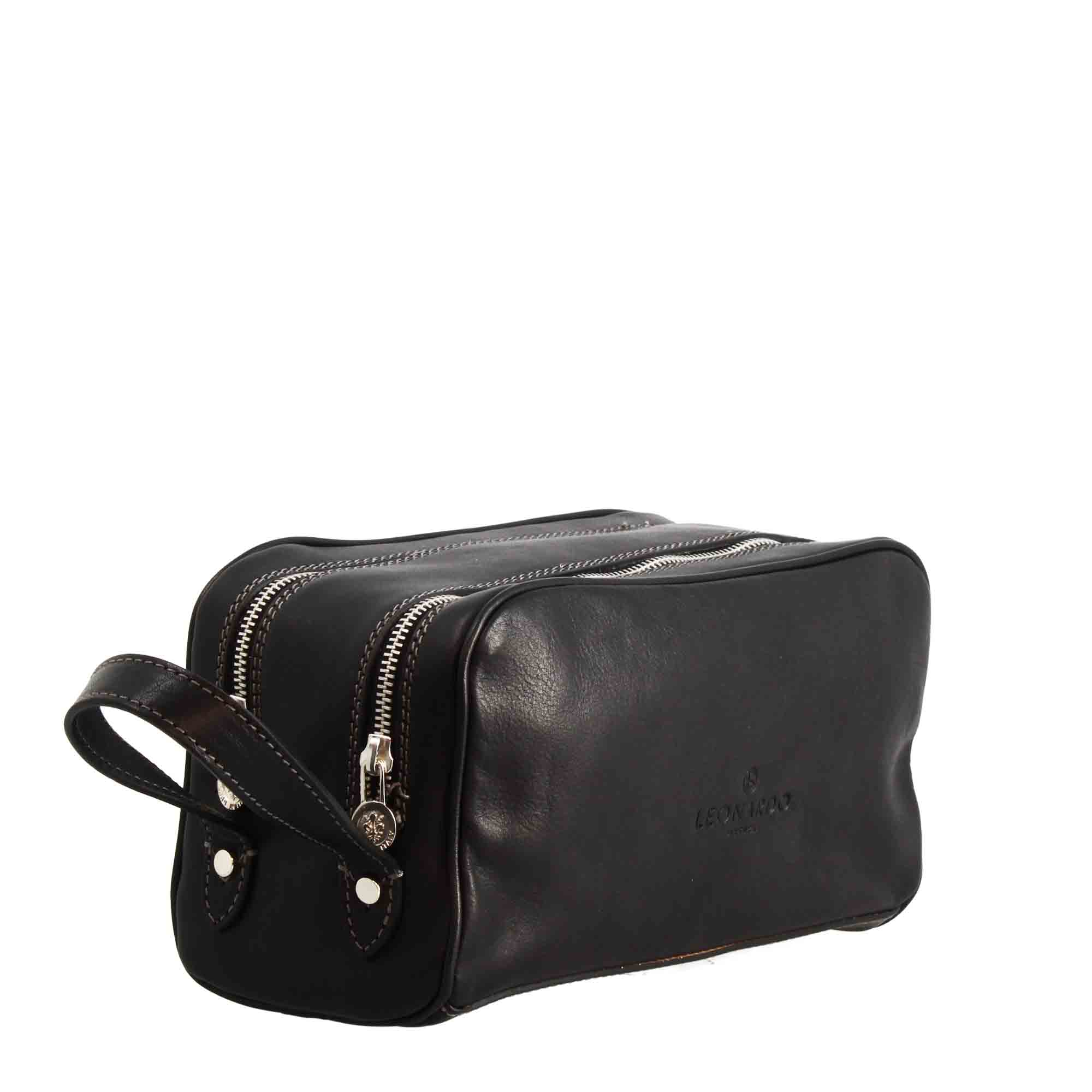 Leonardo Shoes Borse Uomo Necessaire pelle marrone doppia zip