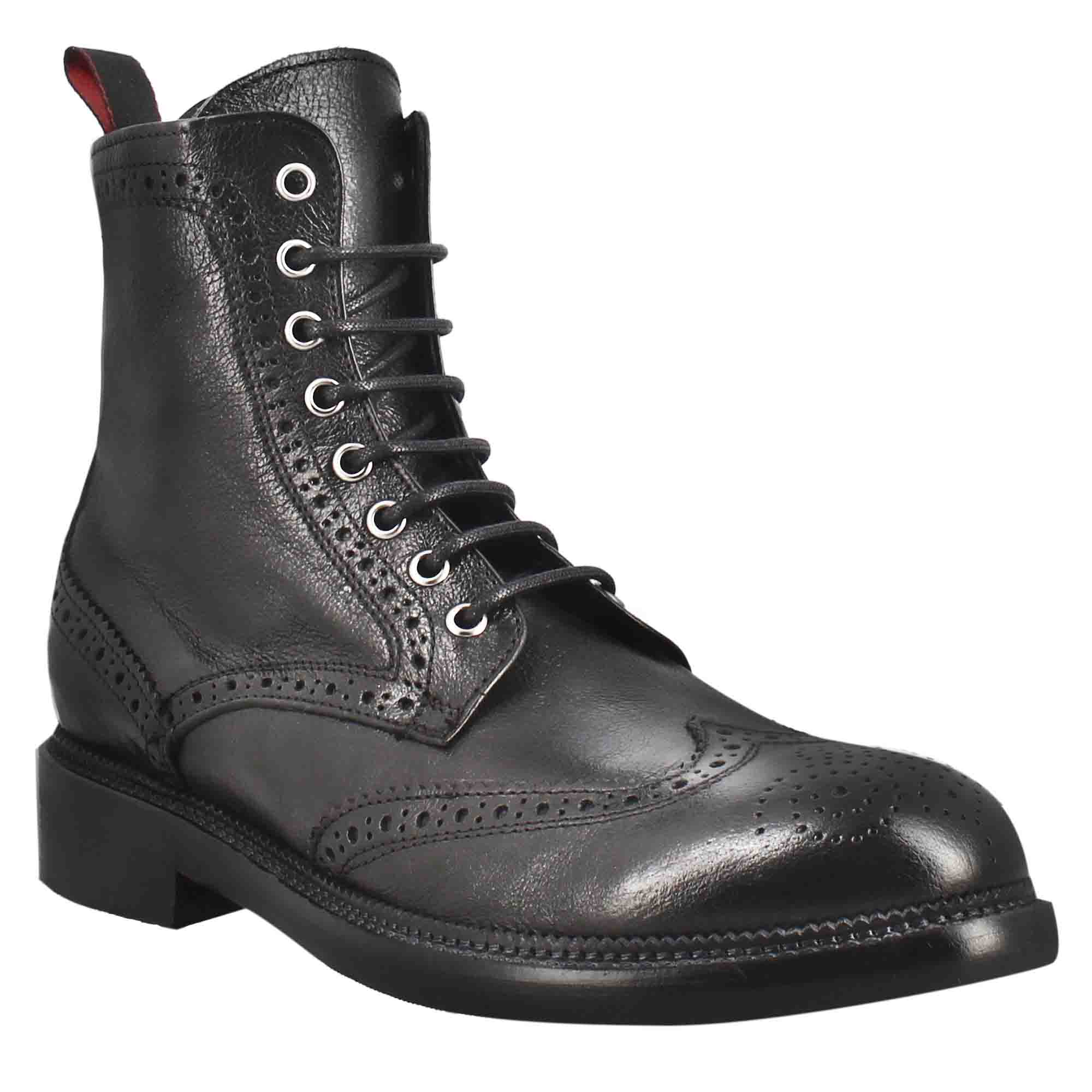 Leonardo Shoes Stivaletti Uomo Anfibi Candy Pelle Nero Brogue