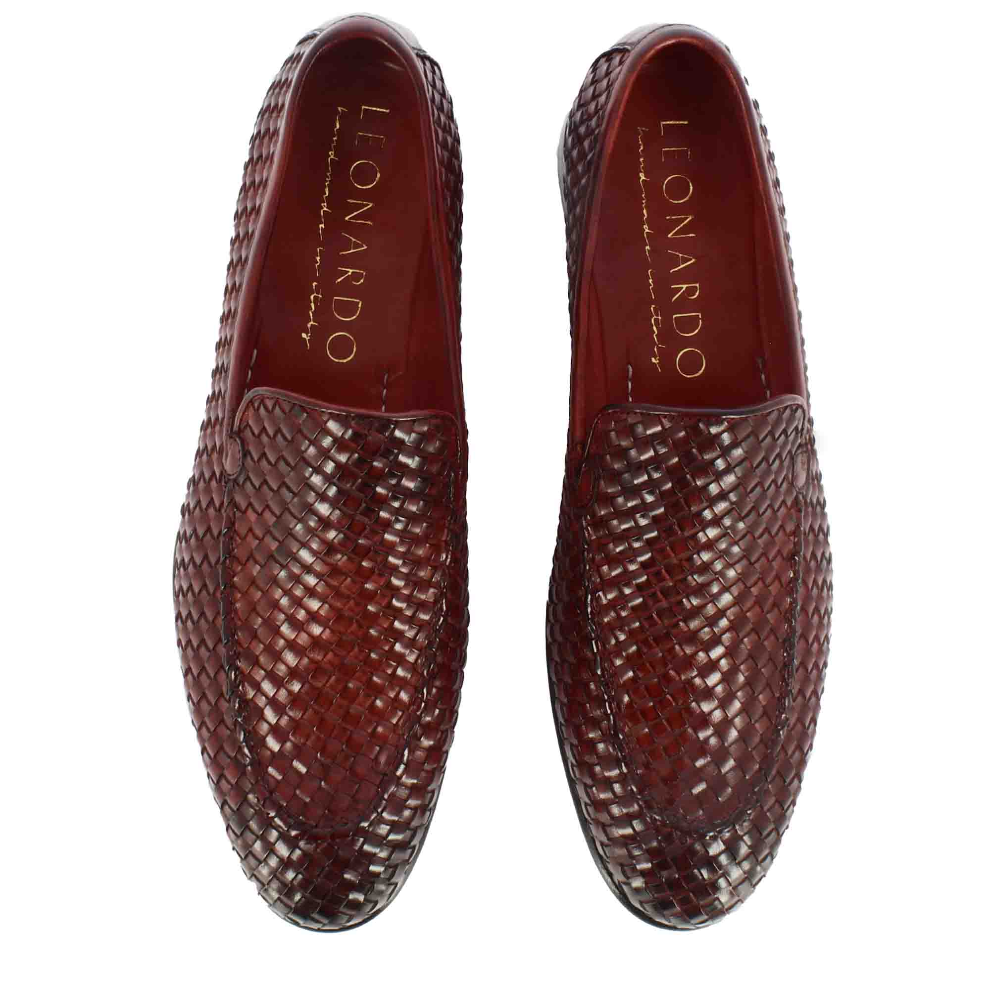 Leonardo Shoes mocassini uomo rosso pelle intrecciata