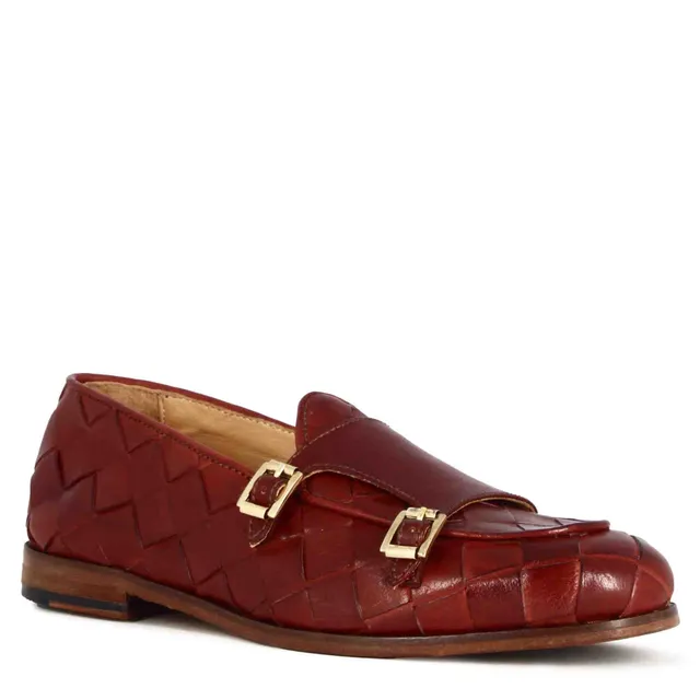 Leonardo Shoes BF-30 mocassini uomo bordeaux intrecciati fibbia