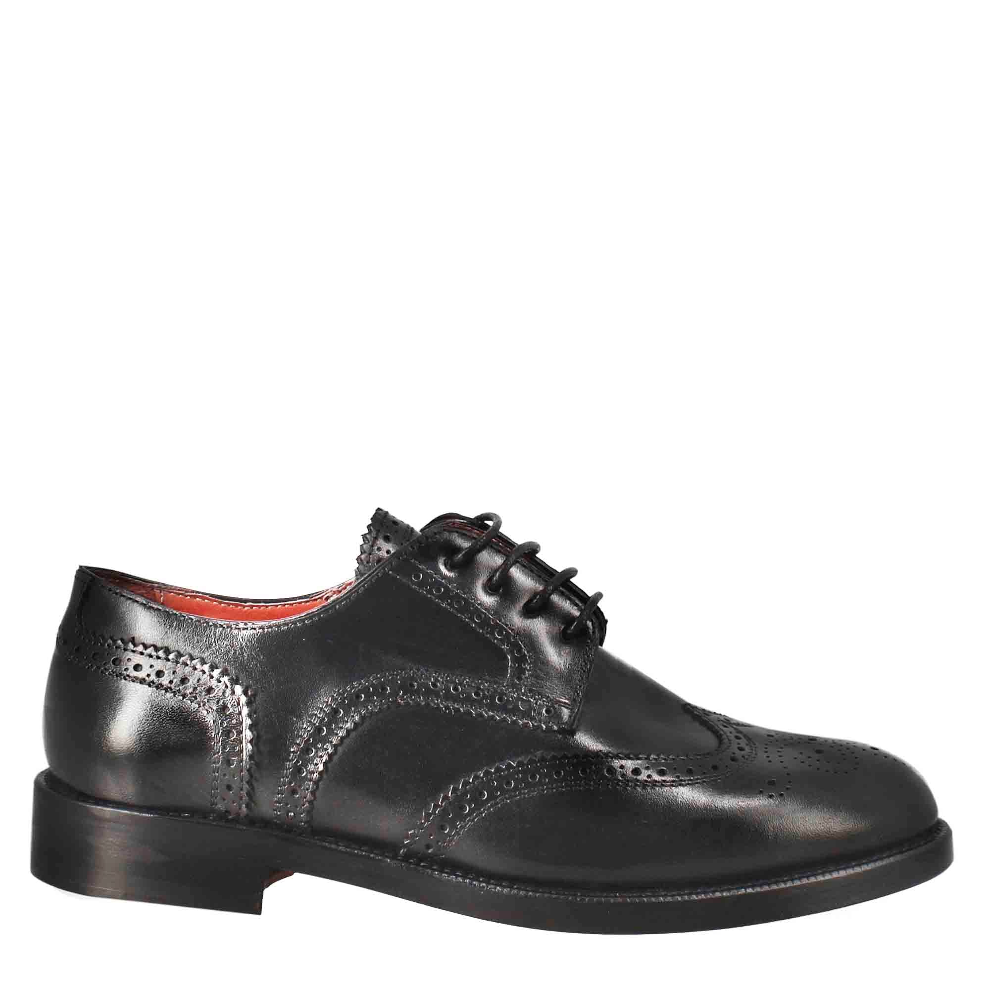 Leonardo Shoes Derby Donna Nero Brogue Pelle Cuoio