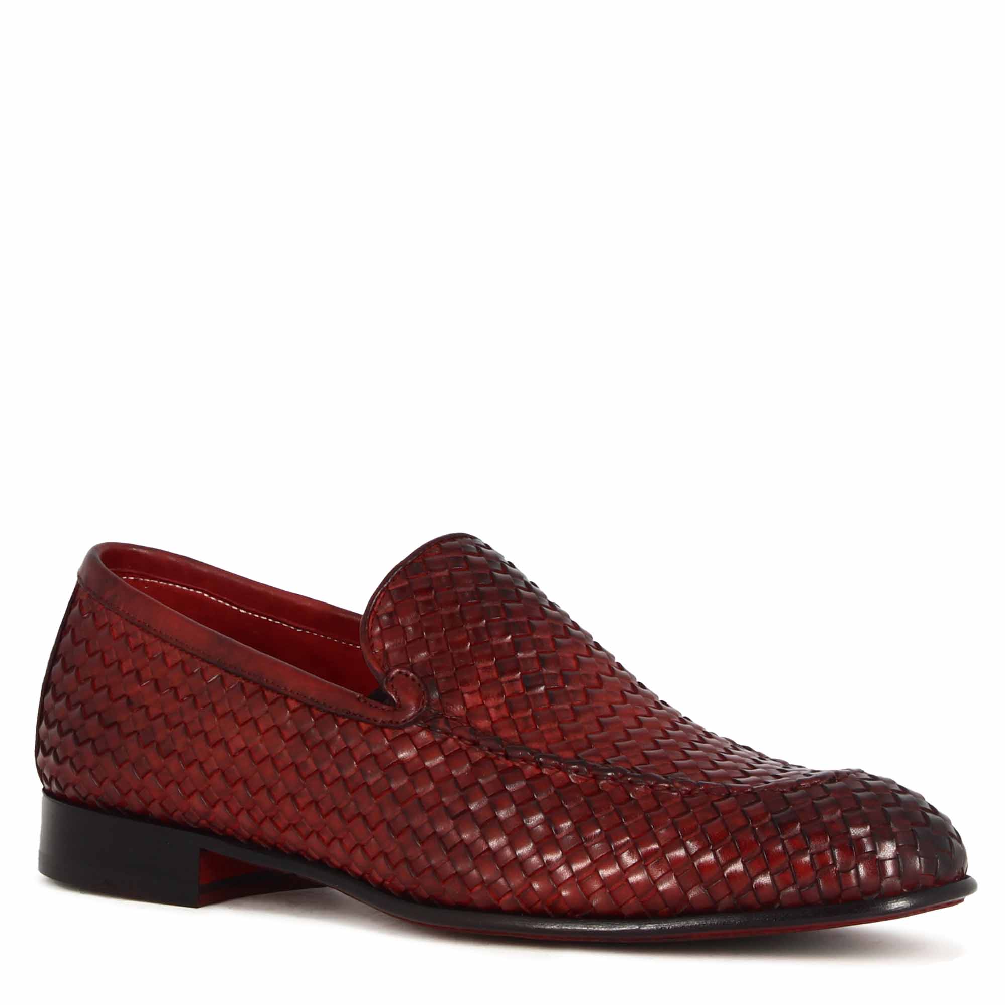 Leonardo Shoes mocassini uomo rosso pelle intrecciata