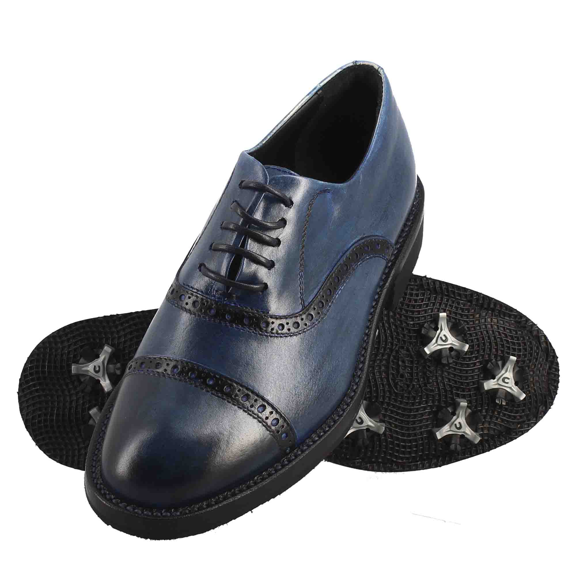 Leonardo Shoes Golf Scarpe Golf Pelle Blu Tacchetti