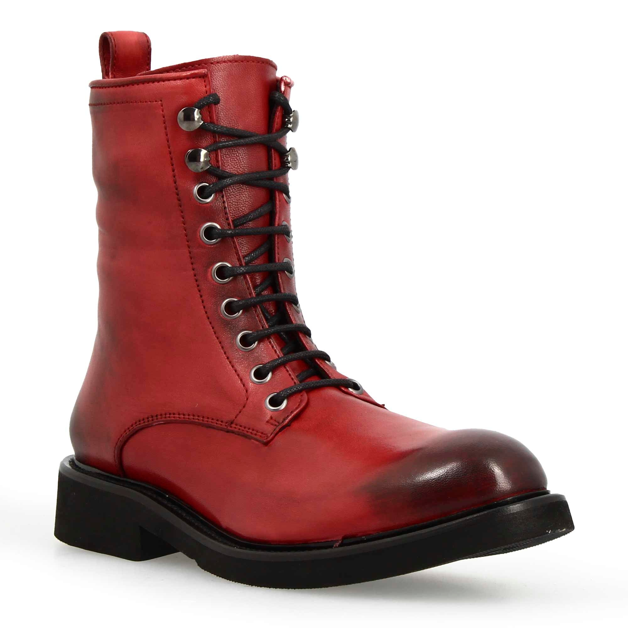 Leonardo Shoes Stivali Donna Anfibio Pelle Rosso Lacci Zip Gomma