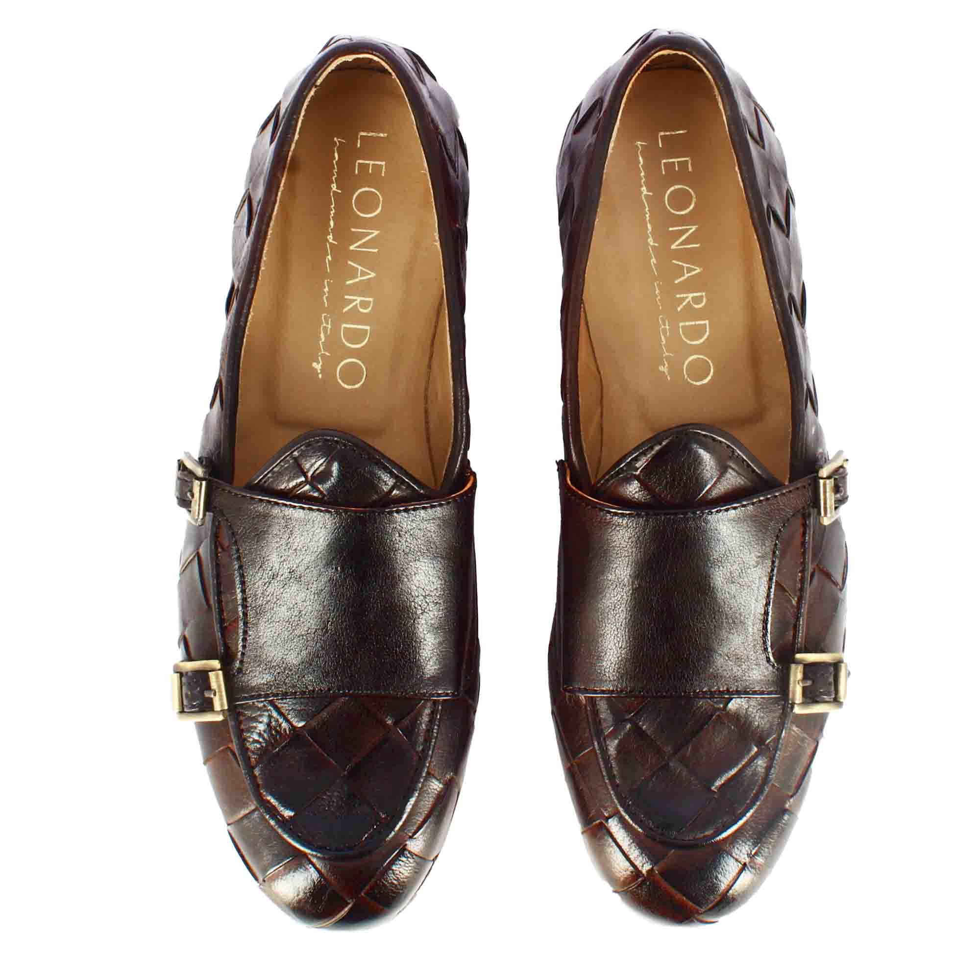 Leonardo Shoes mocassini uomo pelle marrone doppia fibbia