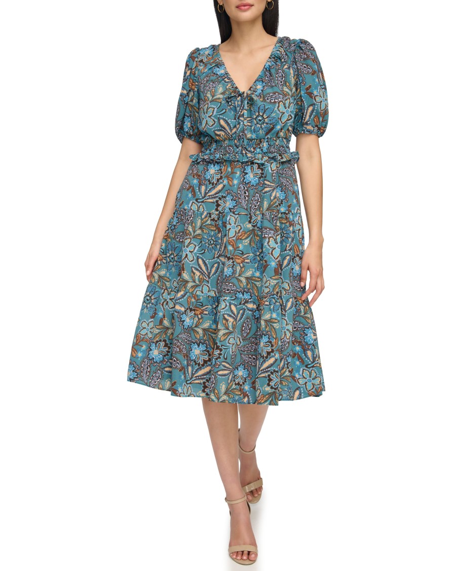 Vince Camuto Abito Midi Vita Alta Maniche Sbuffo Donna